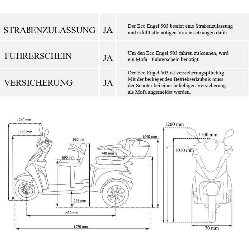 ECO ENGEL 503 Blau, 25 km/h Dreirad Roller mit 30 Ah Lithium Akku Herausnehmbar