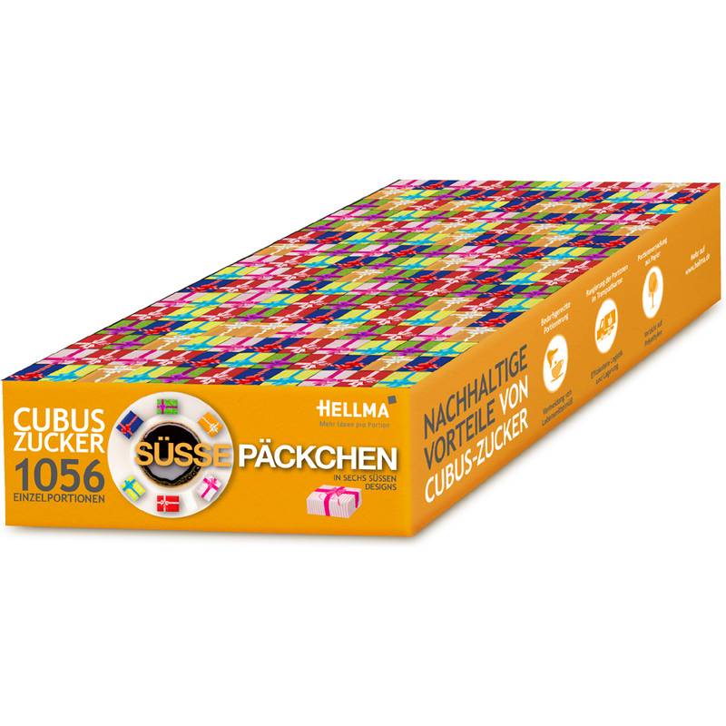 Packung von Hellma 'Süße Päckchen' Würfelzucker, mit farbenfrohen Einzelportionen. Text auf Deutsch hebt nachhaltige Vorteile hervor.