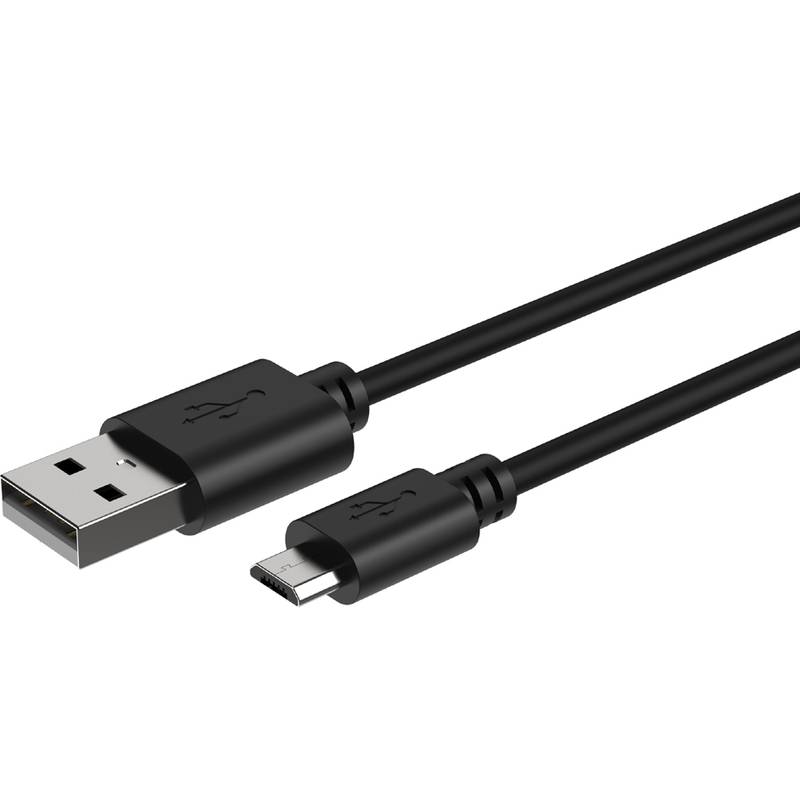 Ein schwarzes USB-zu-Micro-USB-Kabel wird gezeigt, wobei der USB-Typ-A-Stecker links und der Micro-USB-Stecker rechts zu sehen ist.