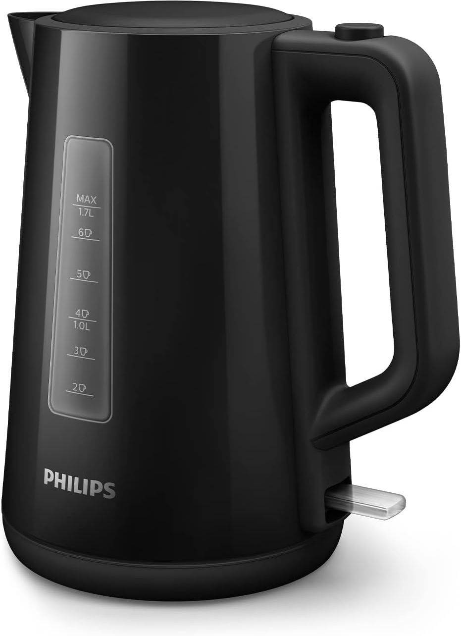 Schwarzer Philips Wasserkocher mit Wasserfüllstandsfenster, Griff und Basisheizanschluss, dargestellt in der Seitenansicht.