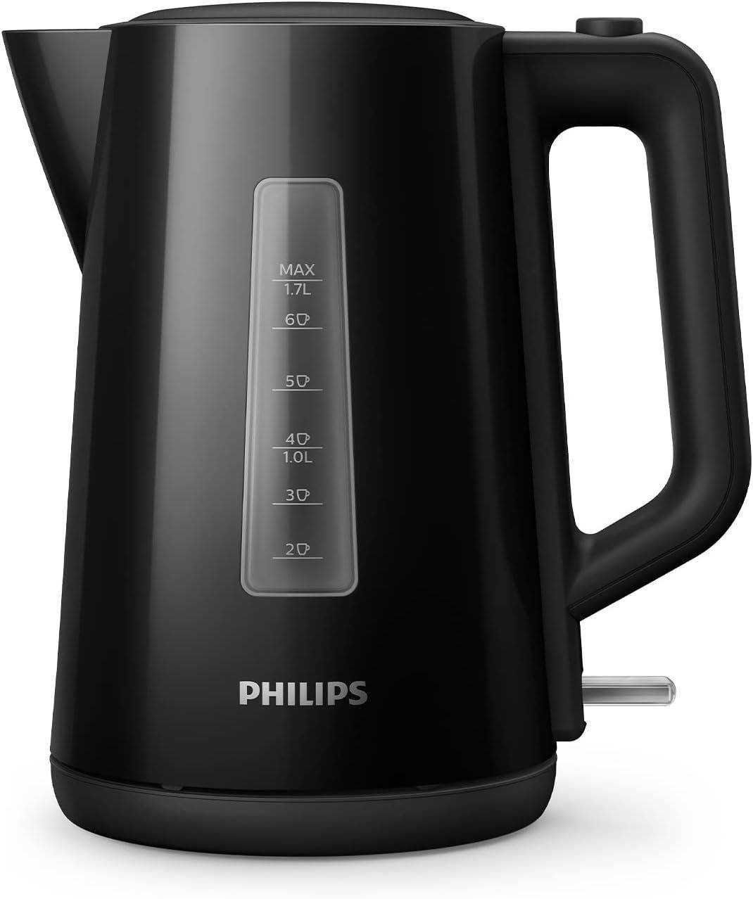 Schwarzer Philips Wasserkocher mit Griff, Ausguss und Wasserstandsfenster mit einer Markierung bis 1,7 L