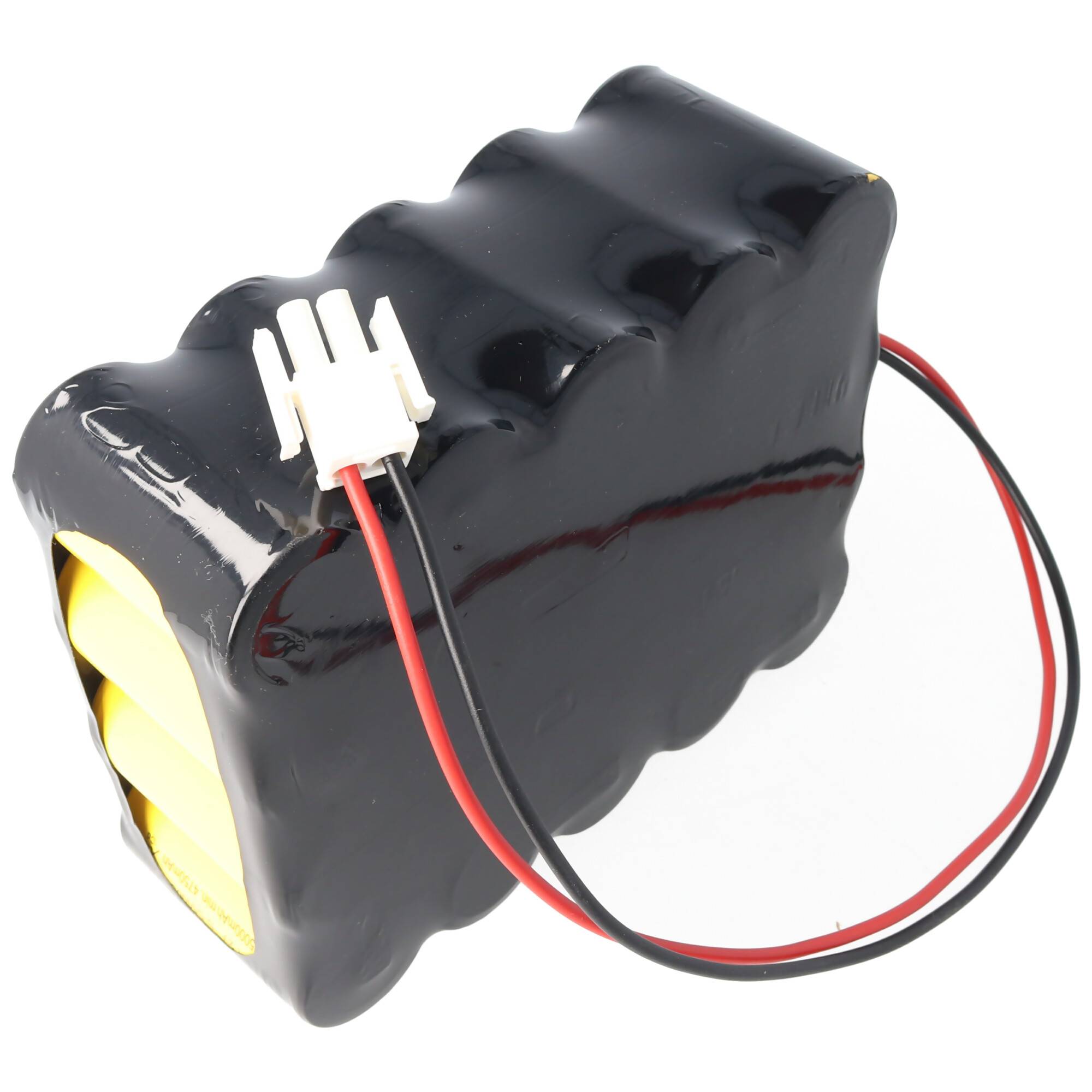 Schwarzes, in Schrumpffolie verpacktes wiederaufladbares Batteriepack mit roten und schwarzen Kabeln und einem weißen Stecker.