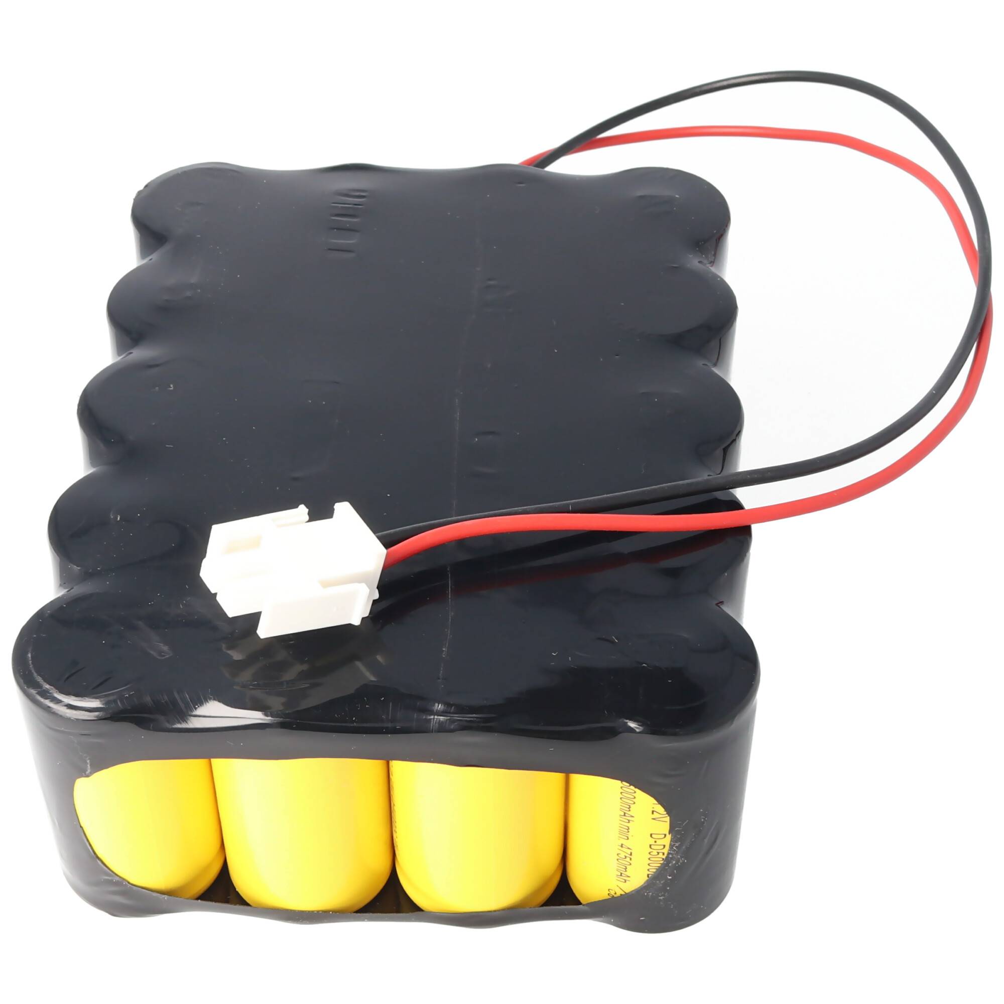 Schwarzes Batteriegehäuse mit vier gelben zylindrischen Zellen und rot/schwarzen Drähten, die an einen weißen Stecker angeschlossen sind.