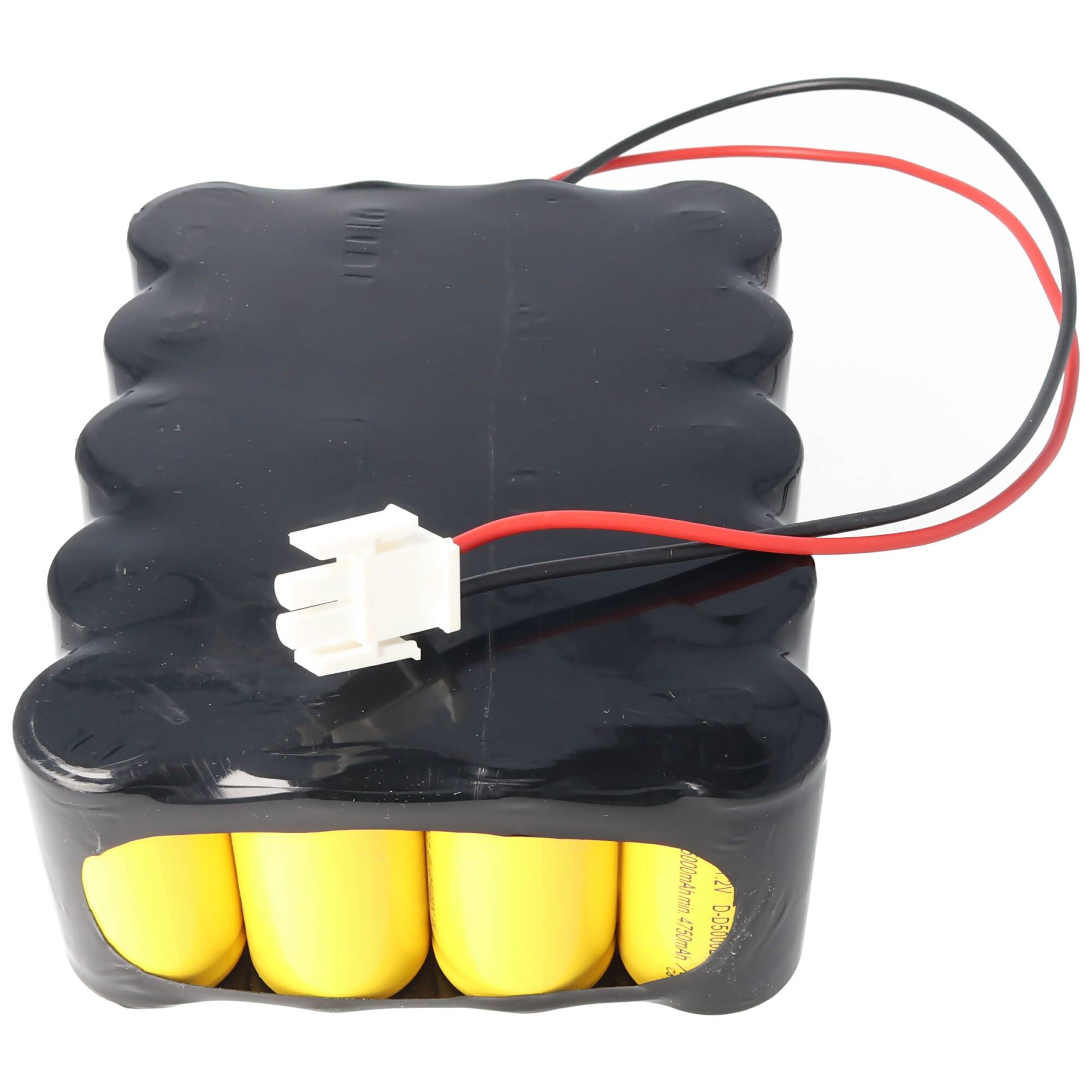 Schwarzes Batteriepaket mit vier gelben Zellen und rot/schwarzen Drähten, die in einem weißen Stecker enden.