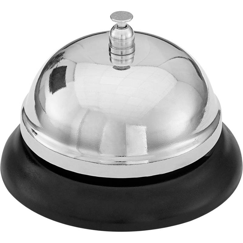 Eine glänzende silberne Serviceglocke mit einer schwarzen Basis, die häufig an Rezeptionstheken verwendet wird, um das Personal zu alarmieren.