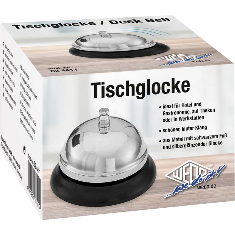 Schreibtischglocke mit Bild einer silbernen Glocke auf schwarzer Basis, Etikett 