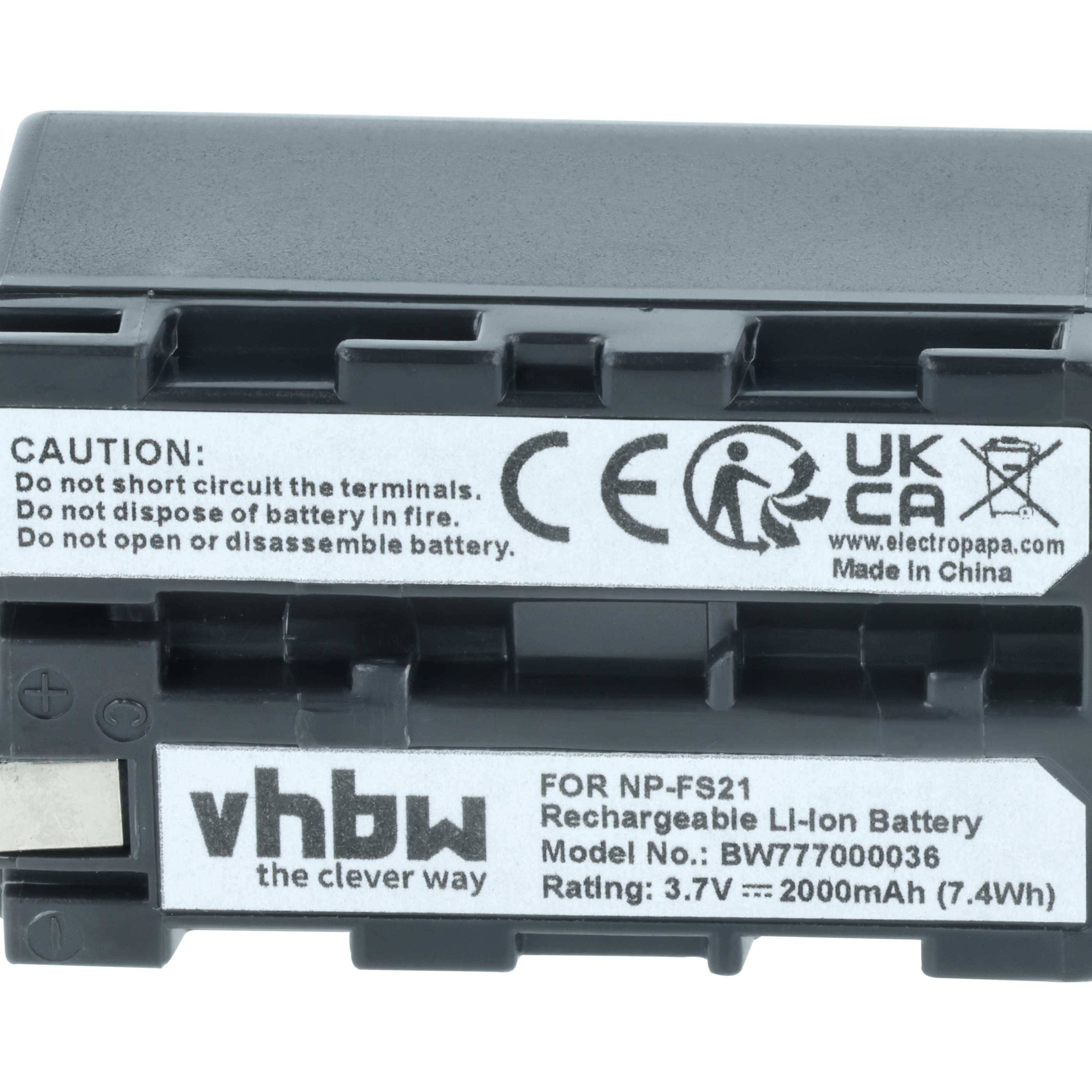 Wiederaufladbare Li-Ion-Batterie, Modell NP-FS21, 3,7V, 2100mAh, Marke vhbw. Sicherheitswarnungen und Zertifizierungen auf dem Etikett gedruckt.