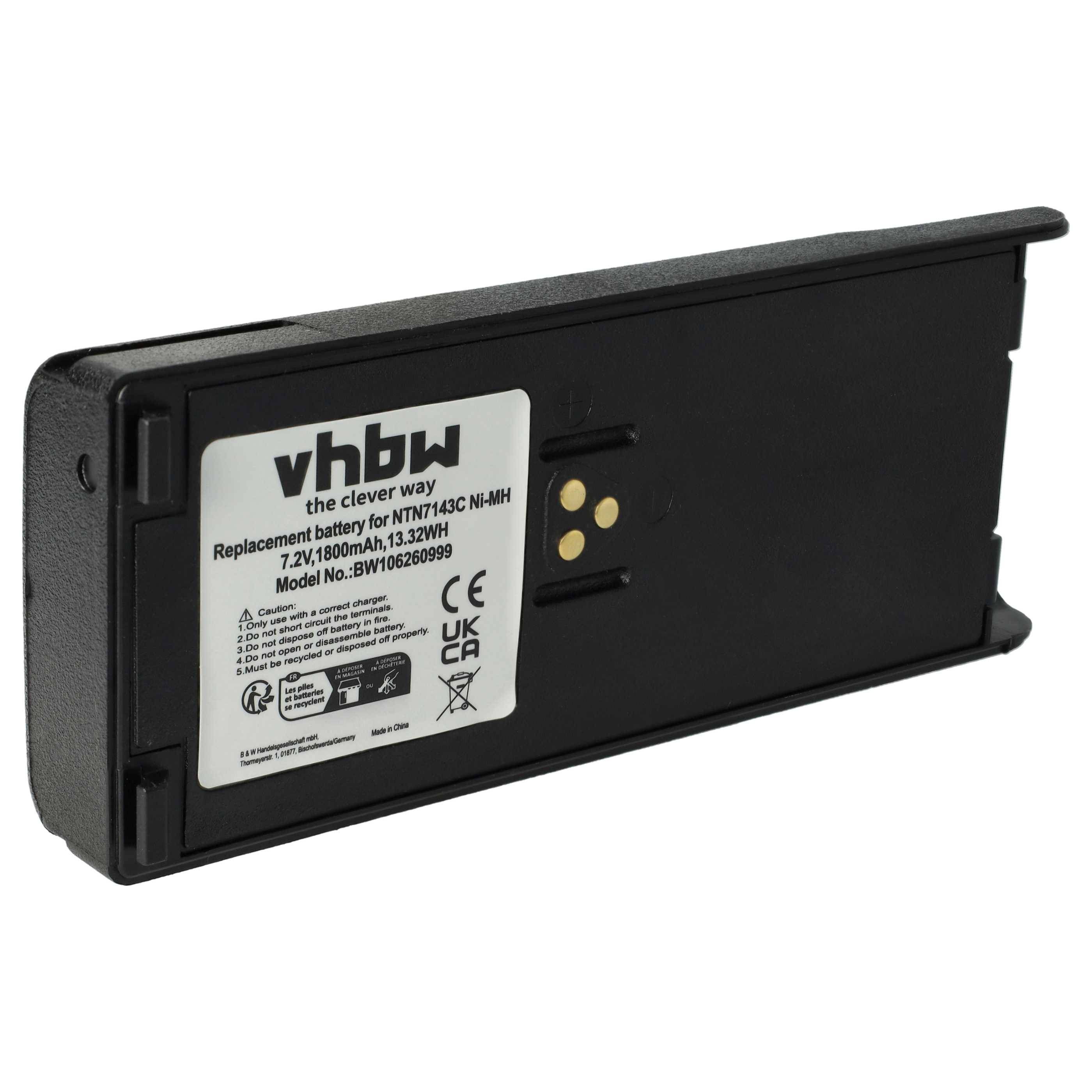 vhbw Akku Ersatz für Motorola NTN7144CR für Funkgerät, Walkie Talkie (1800 mAh, 7,5 V, NiMH) + Gürtelclip