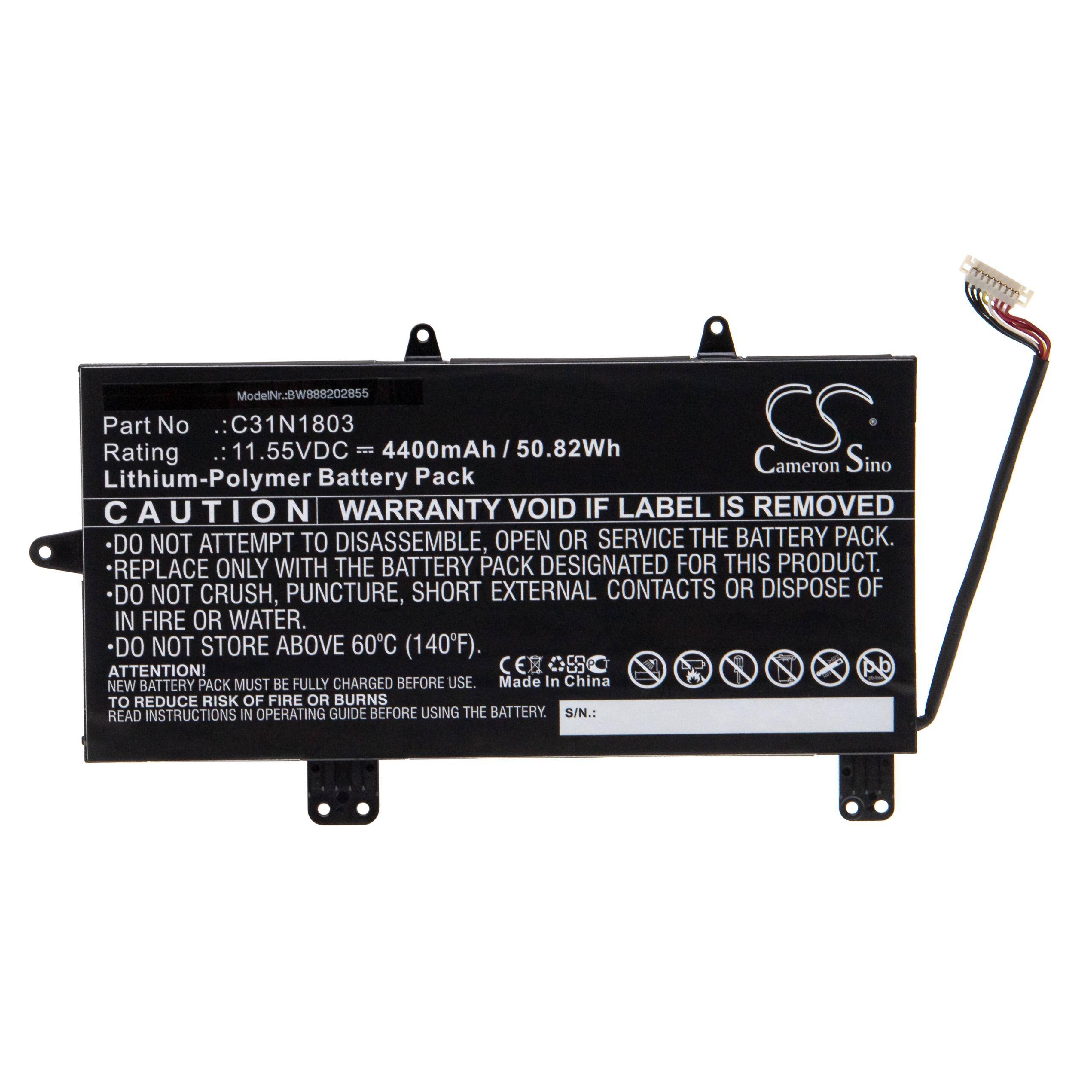 Schwarzer Cameron Sino Lithium-Polymer-Akku mit der Bezeichnung C31N1803, 11,55V 4400mAh, mit angebrachtem Verbindungskabel.