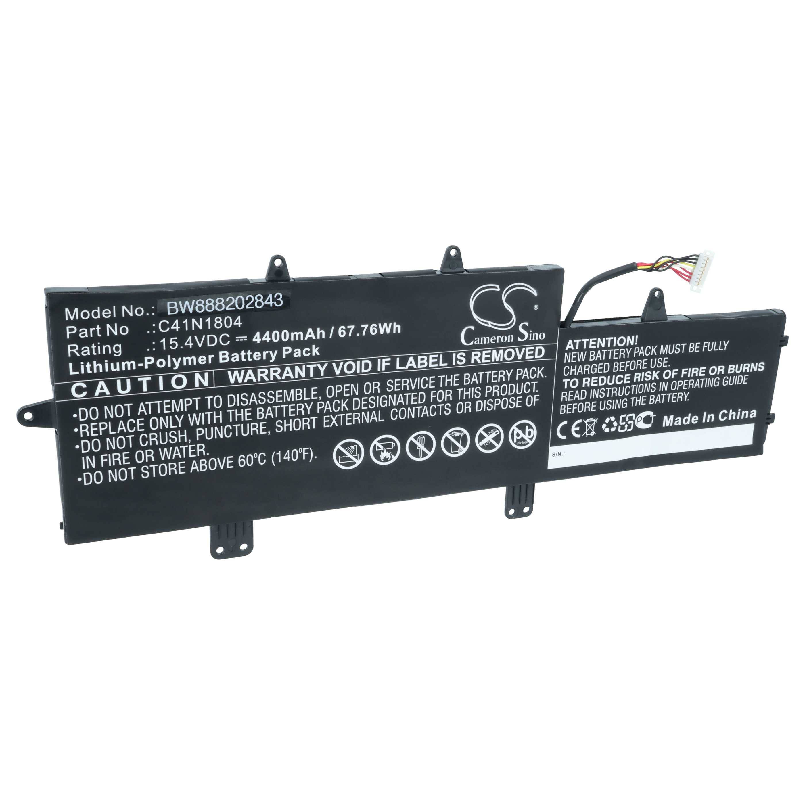 Schwarzes Lithium-Polymer-Laptop-Akkupack mit Verbindungskabel, gekennzeichnet mit 15,4V DC, 4400mAh, 67,76Wh, Modell BW88202843, Teilenummer C41N1804.