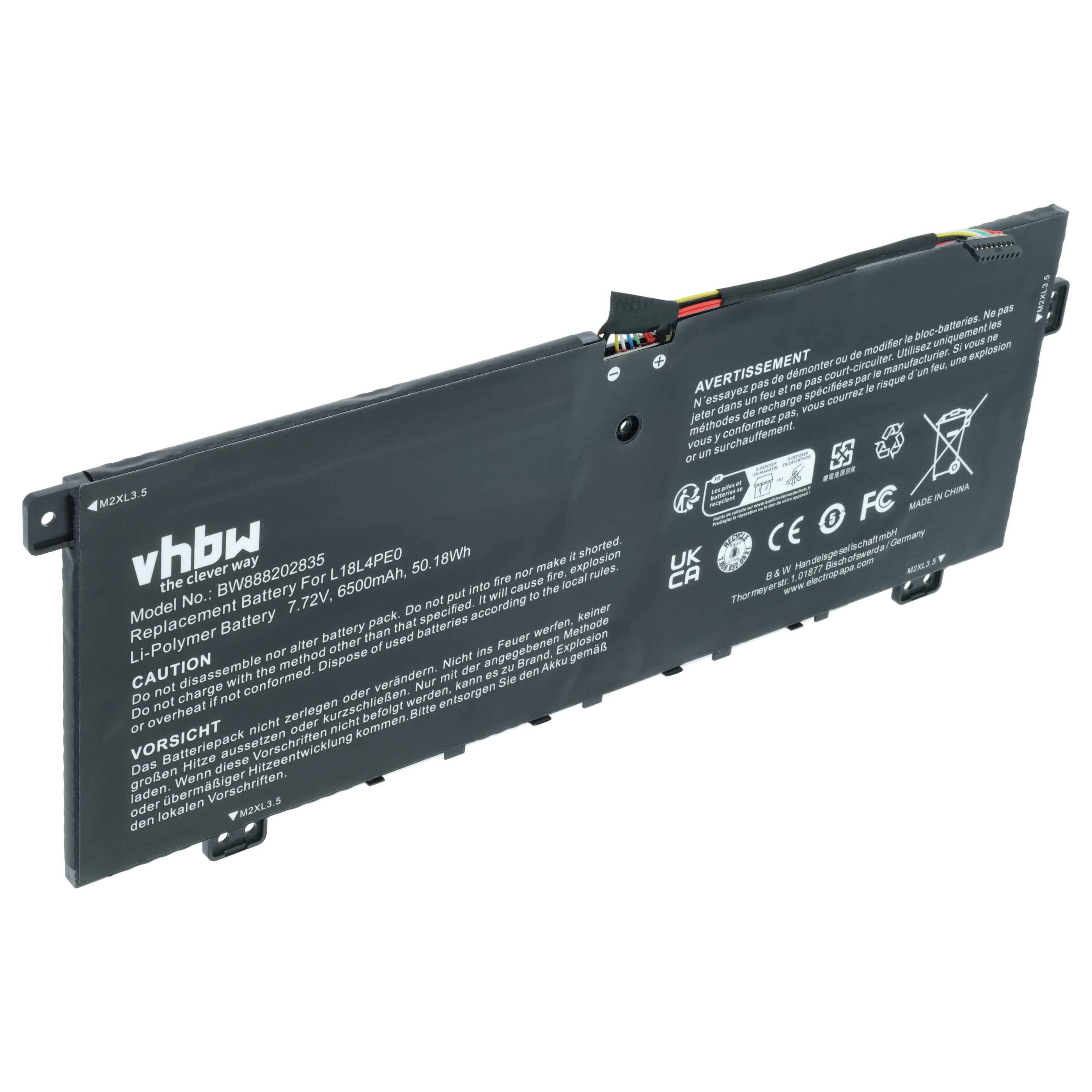 vhbw Akku Ersatz für Lenovo L18L4PE0, L18M4PE0, SB10W67235, SB10W67368 für Notebook (6500 mAh, 7,72 V, Li-Polymer)