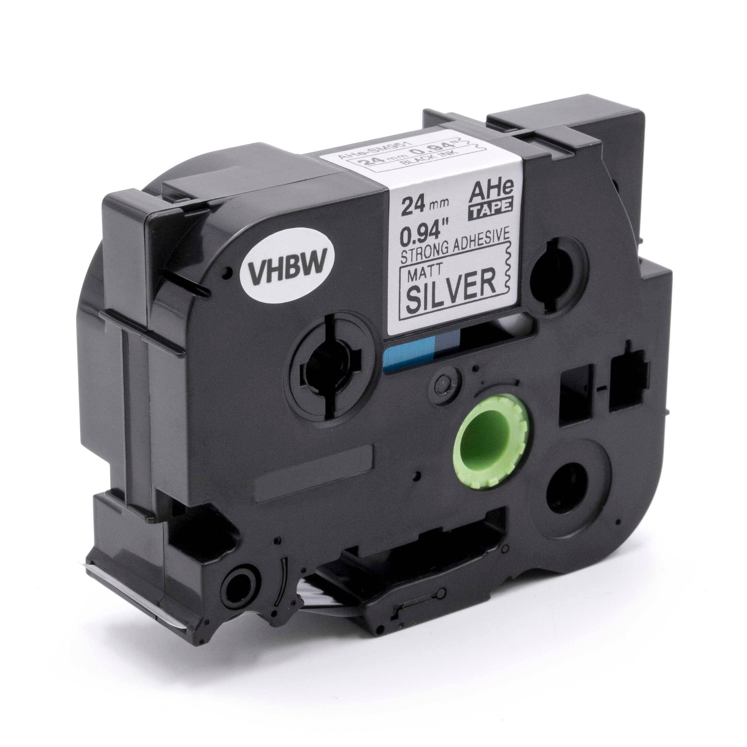 vhbw Schriftband-Kassette Ersatz für Brother AHe-SM951, HGESM951, HGE-SM951 für Etiketten-Drucker 24mm Schwarz auf Matt-Silber, Extra Stark