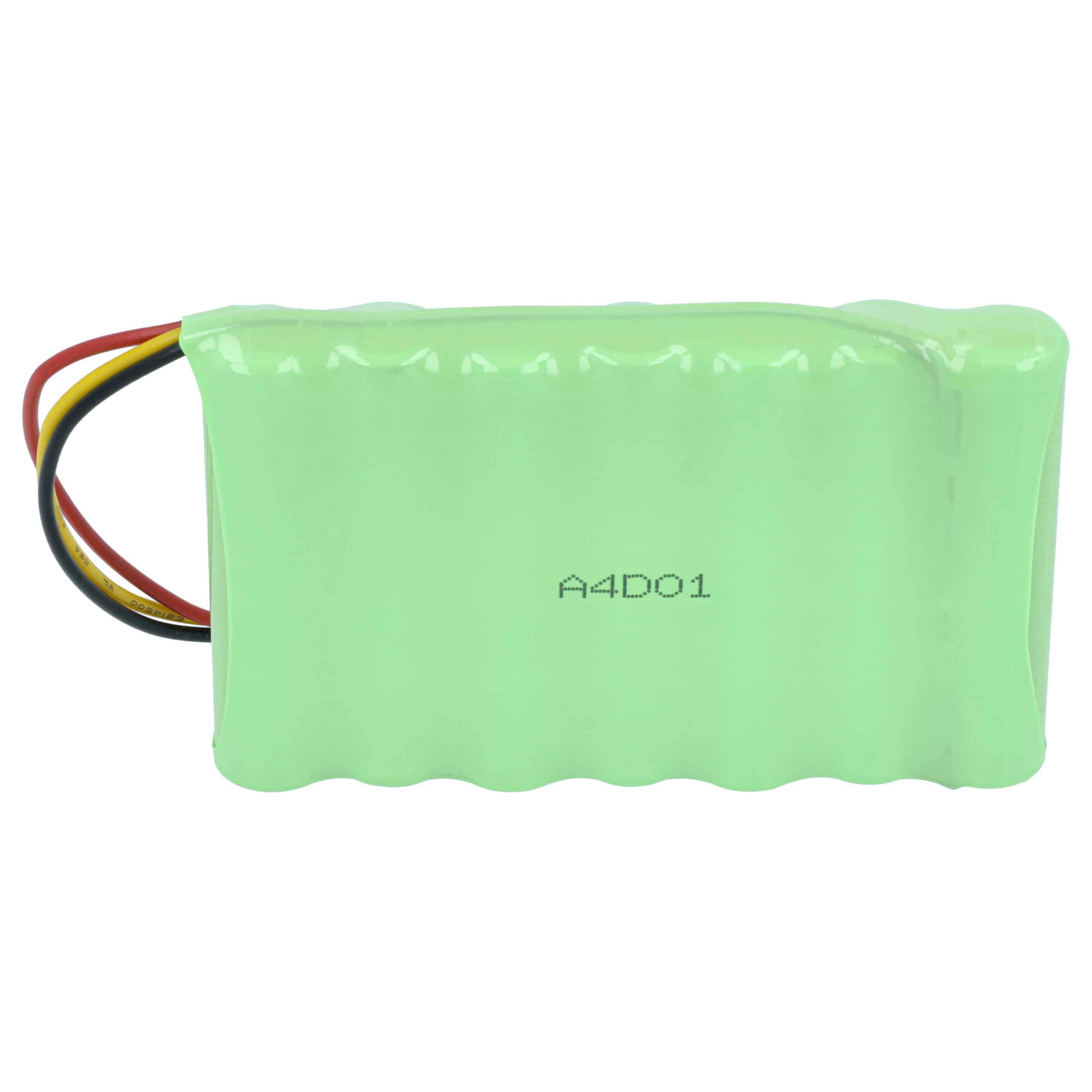 Grünes rechteckiges Batteriepack mit roten, schwarzen und gelben Drähten, die von einer Seite ausgehen, gekennzeichnet mit „A4D01