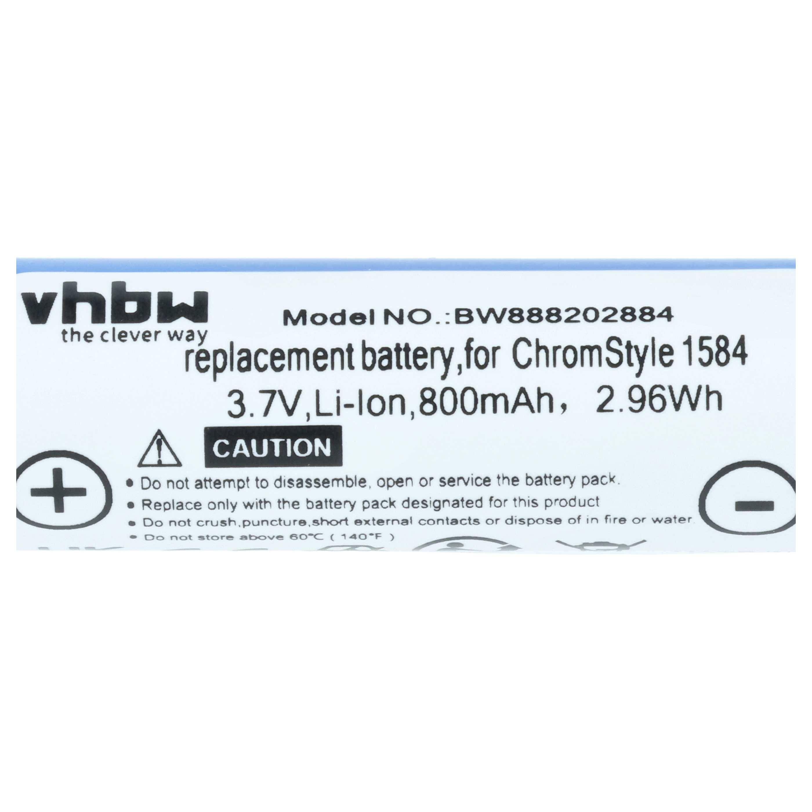 Etikett für einen VHBW-Ersatzakku für ChromStyle 1584, Modell BW888202884 mit technischen Daten: 3,7V Li-Ion, 800mAh, 2,96Wh.