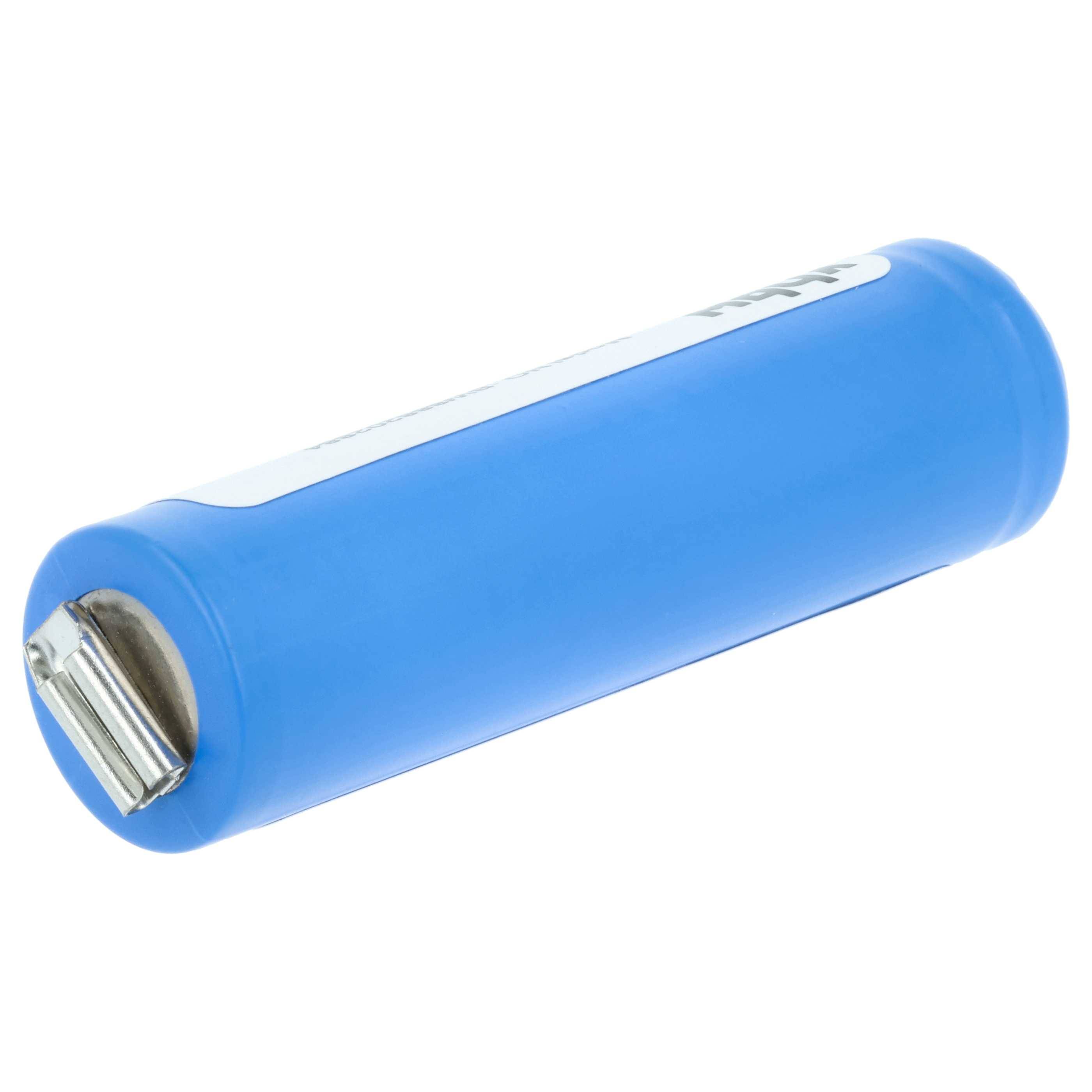 Blaue zylindrische wiederaufladbare Batteriezelle mit Metallkontakten, auf weißem Hintergrund gezeigt.