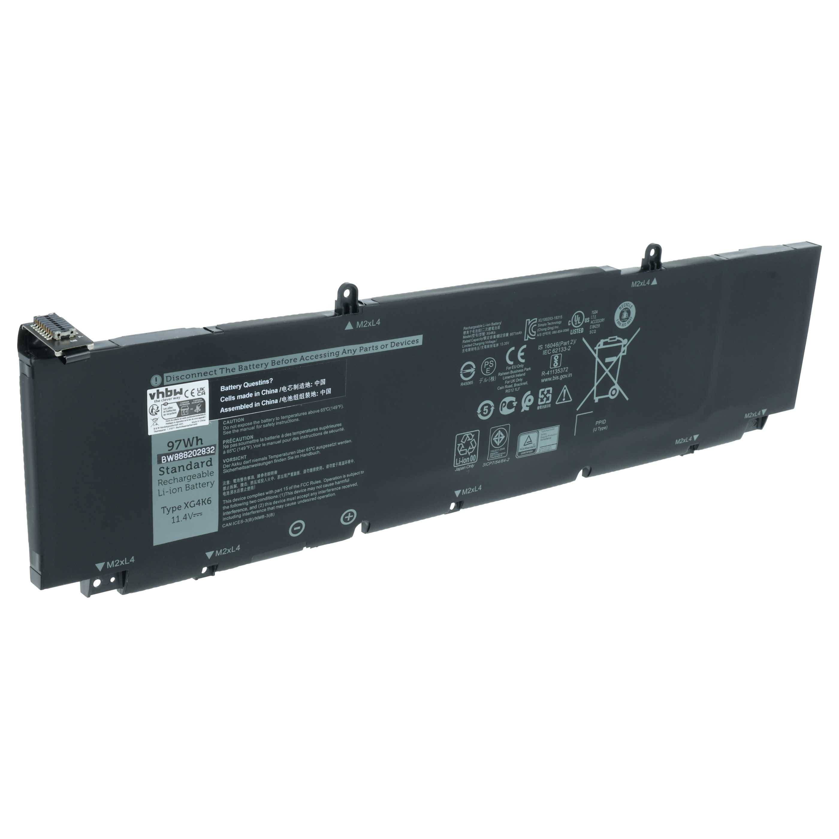 Eine flache, rechteckige Laptop-Batterie mit verschiedenen Zertifizierungslogos und technischen Spezifikationen, die auf ihrer Oberfläche gedruckt sind.
