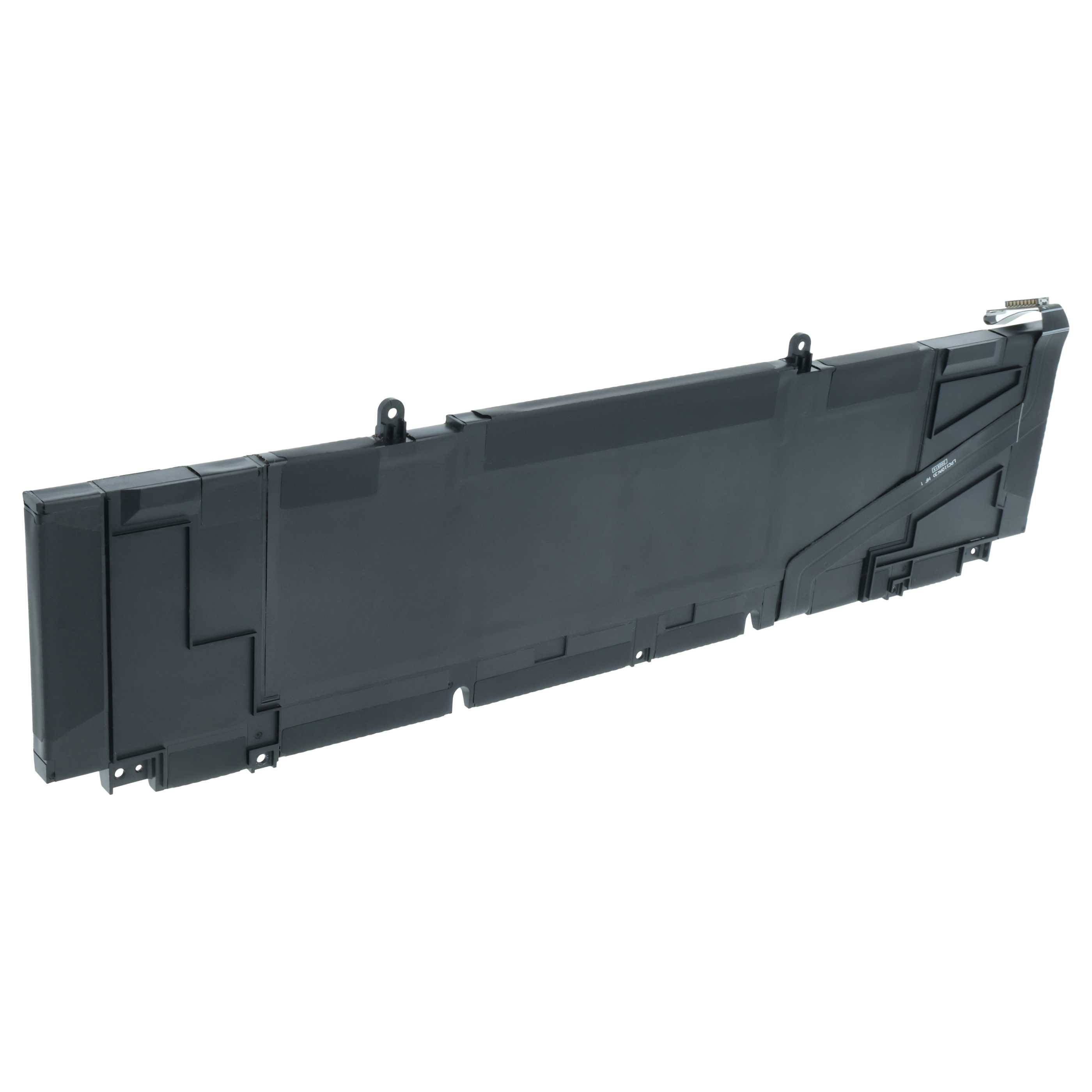 Eine schlanke, rechteckige schwarze Batterie für einen Laptop, die mehrere Anschlüsse und Klammern für eine sichere Installation aufweist.