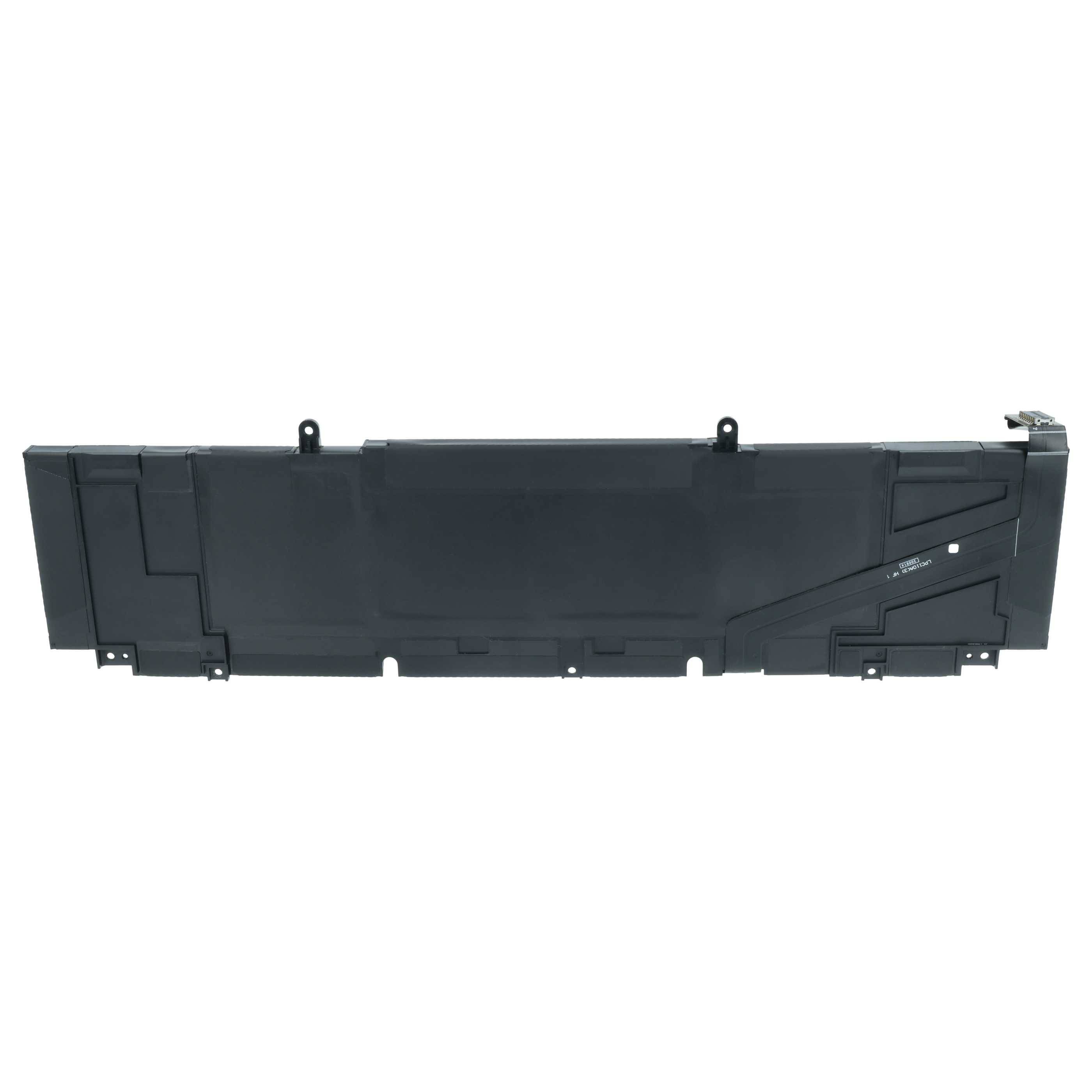 Eine schwarze rechteckige Laptop-Batterie, horizontal ausgerichtet mit sichtbaren Anschlüssen an der Oberseite, die ihr schlankes Design hervorheben.