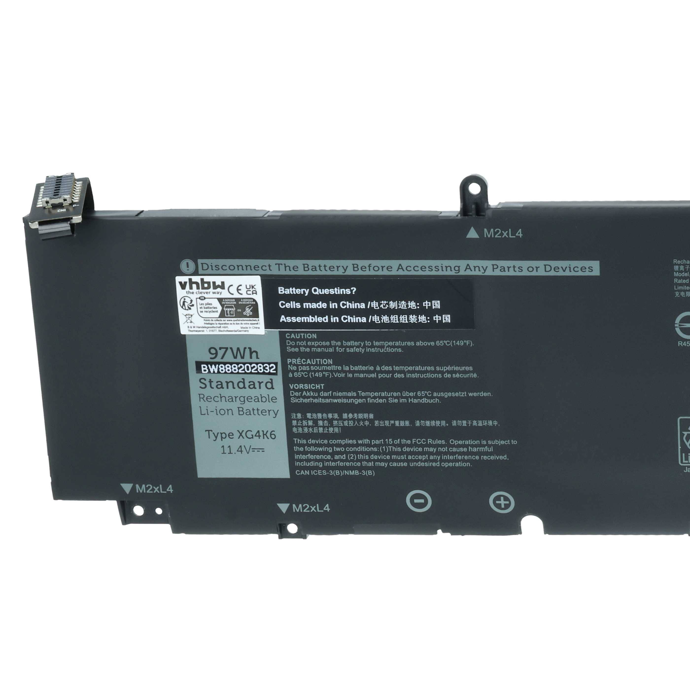 Laptop-Akku mit Aufschrift: '97Wh, 11,4V, Li-Ion-Akku, Typ XG4K6.' Merkmale, Spezifikationen und Sicherheitshinweise in mehreren Sprachen.