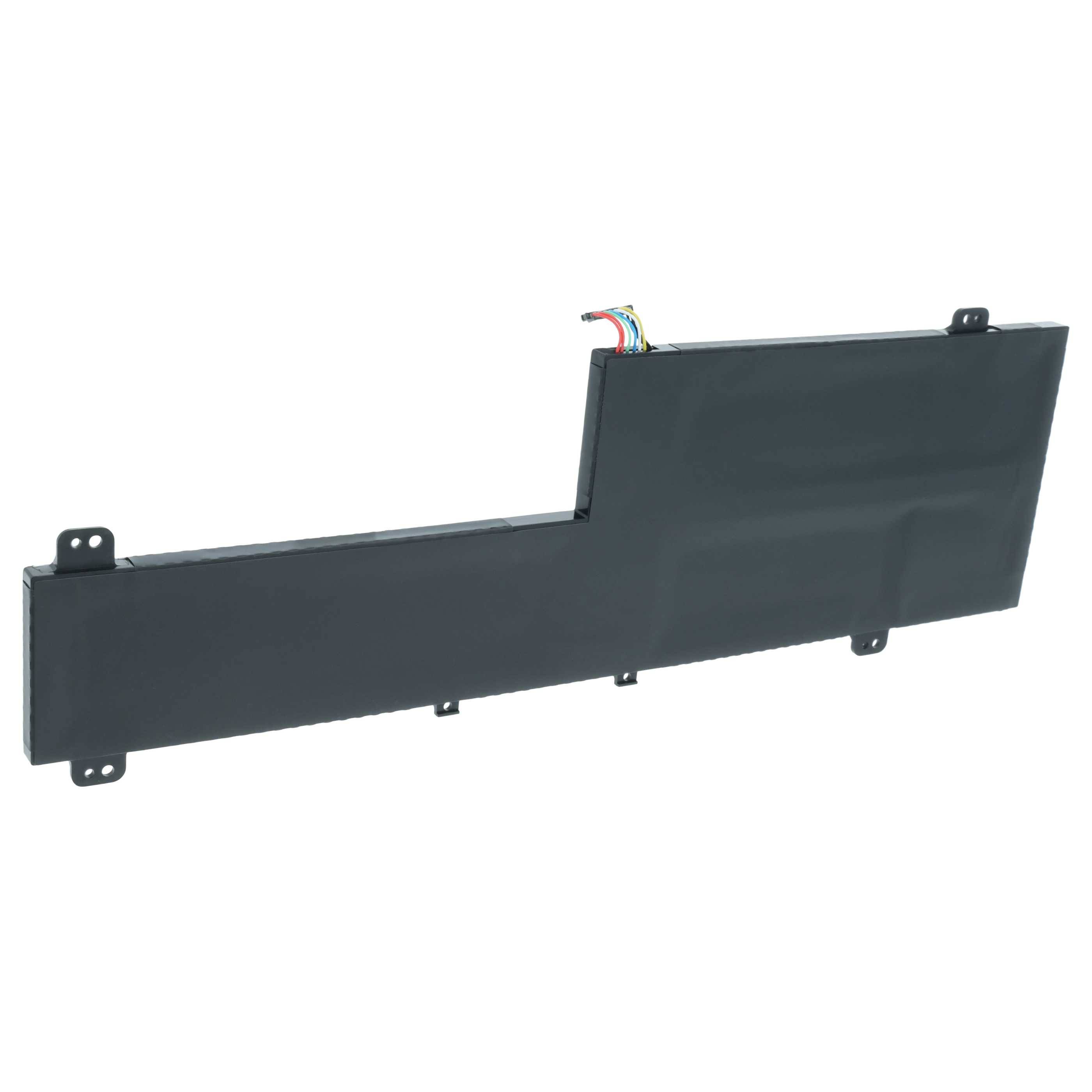 Schwarzes rechteckiges Batteriepack mit Montagelaschen und freiliegenden Drähten auf weißem Hintergrund.