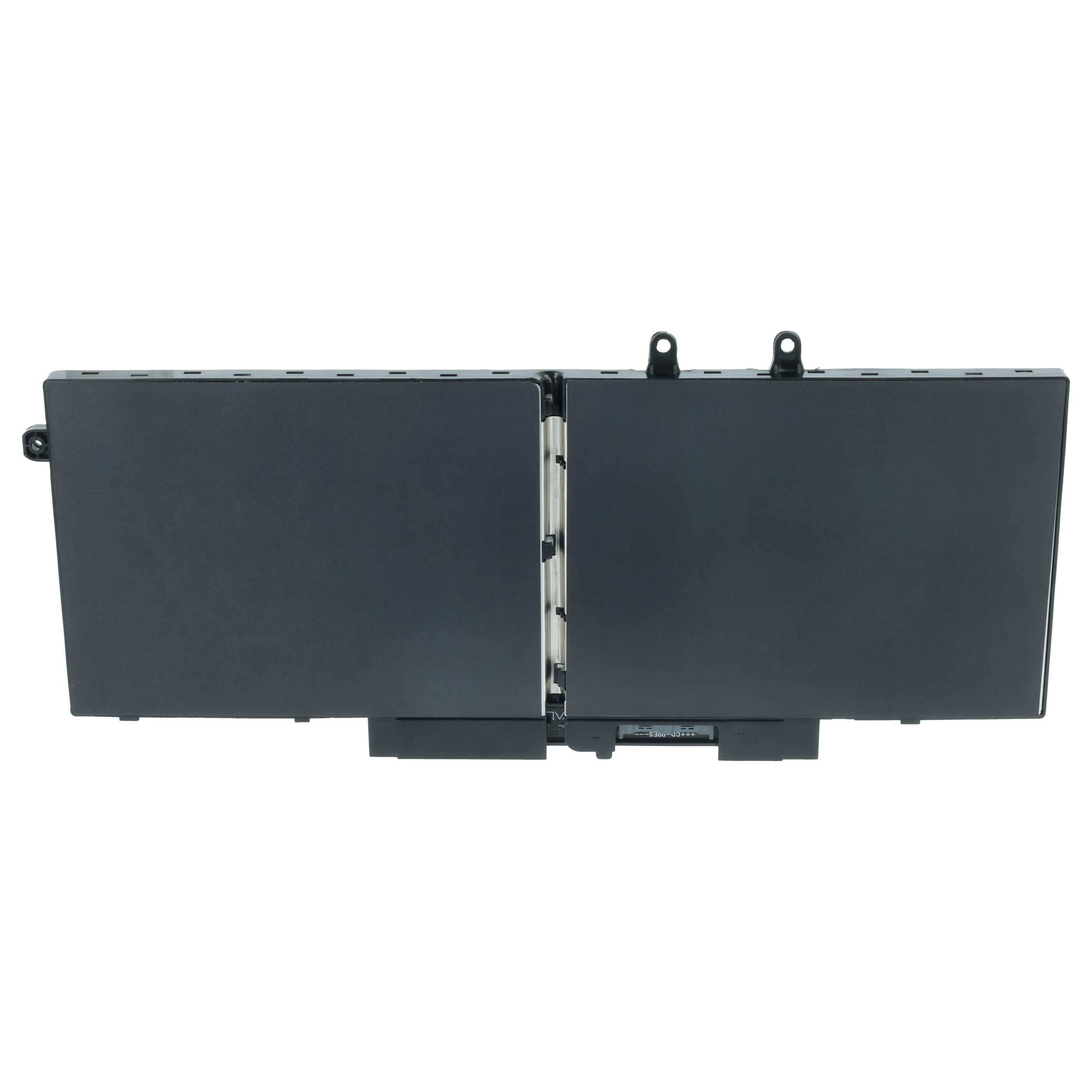 Eine große schwarze Lithium-Ionen-Laptop-Batterie mit zwei Abschnitten, ausgestattet mit Anschlüssen oben und unten.