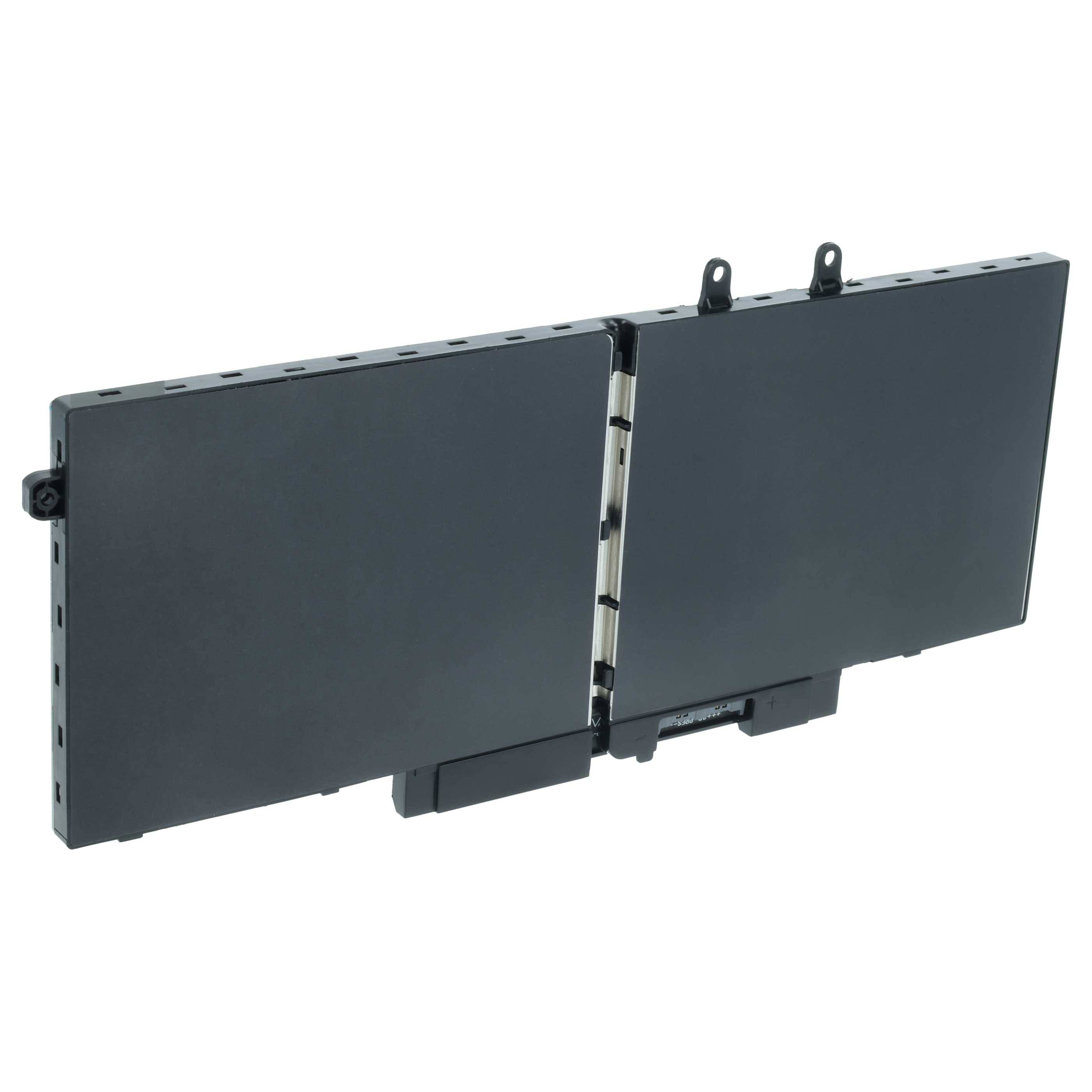 Eine rechteckige Laptop-Batterie mit einer Mittelachse, die es ermöglicht, sie zu falten. Sie hat eine schwarze Oberfläche und zwei sichtbare Anschlüsse oben.