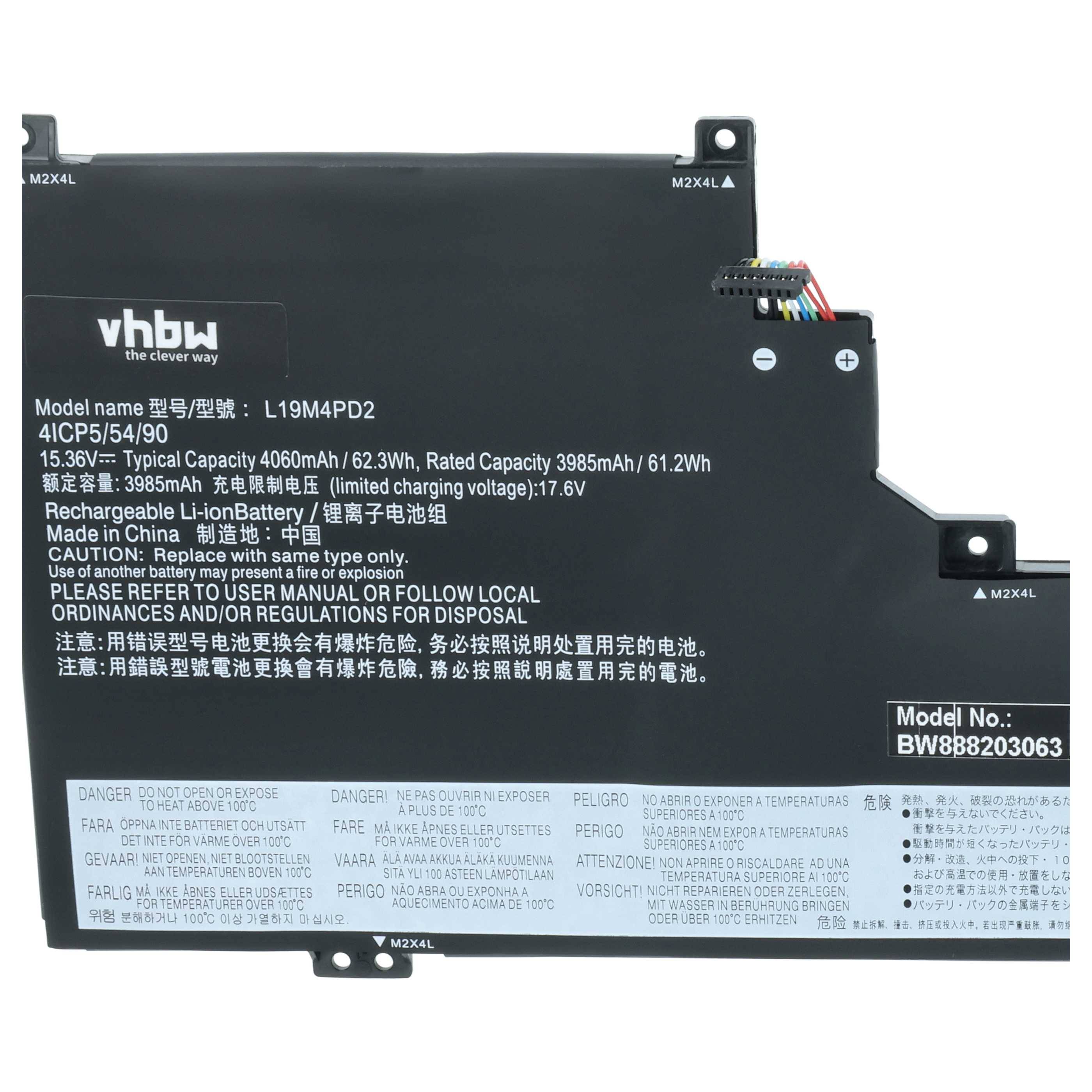 Laptop-Akku mit Etiketten, die das Modell L19M4PD2, 15,36V, 4060mAh und Warntext in mehreren Sprachen anzeigen.