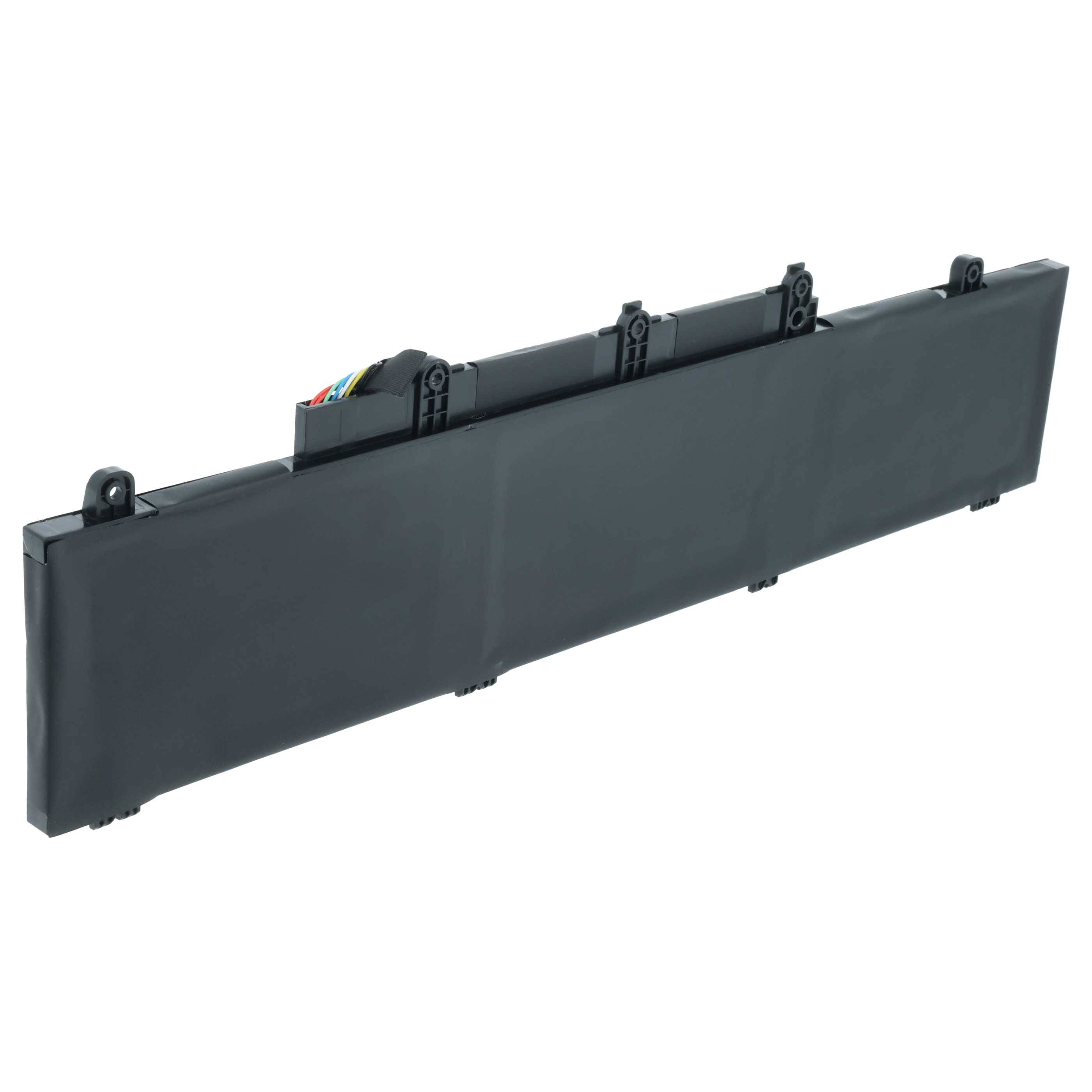 Eine schwarze rechteckige Laptopbatterie mit sichtbaren Anschlussleitungen, die für die Kompatibilität mit bestimmten Laptopmodellen entwickelt wurde.