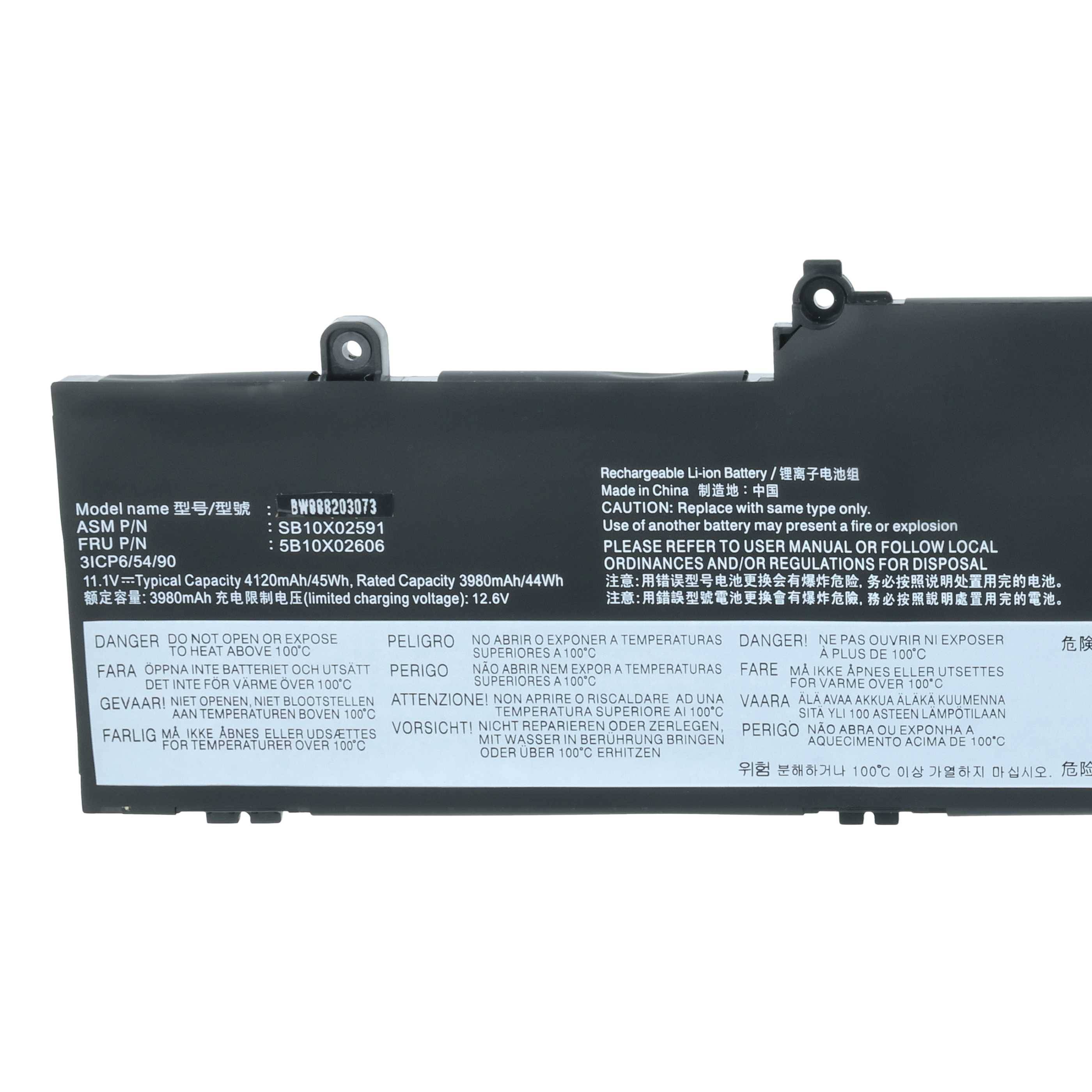 Eine rechteckige schwarze wiederaufladbare Lithium-Ionen-Batterie mit Modellnummer SB10X22056, Spannung 7V, Kapazität 4290mAh und Sicherheitswarnhinweisen.
