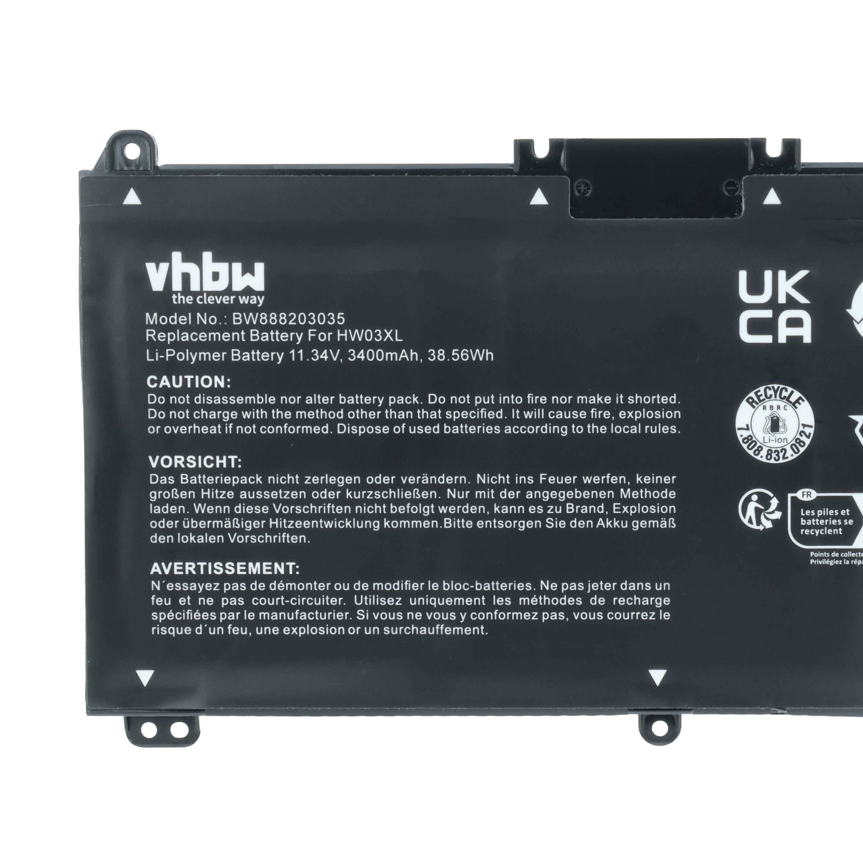 Ein Batterieetikett mit 'vhbw', Modell BW888203035, entwickelt für HP HW03XL und 11,34V, 3400mAh Kapazität. Enthält Recycling- und Sicherheitssymbole.