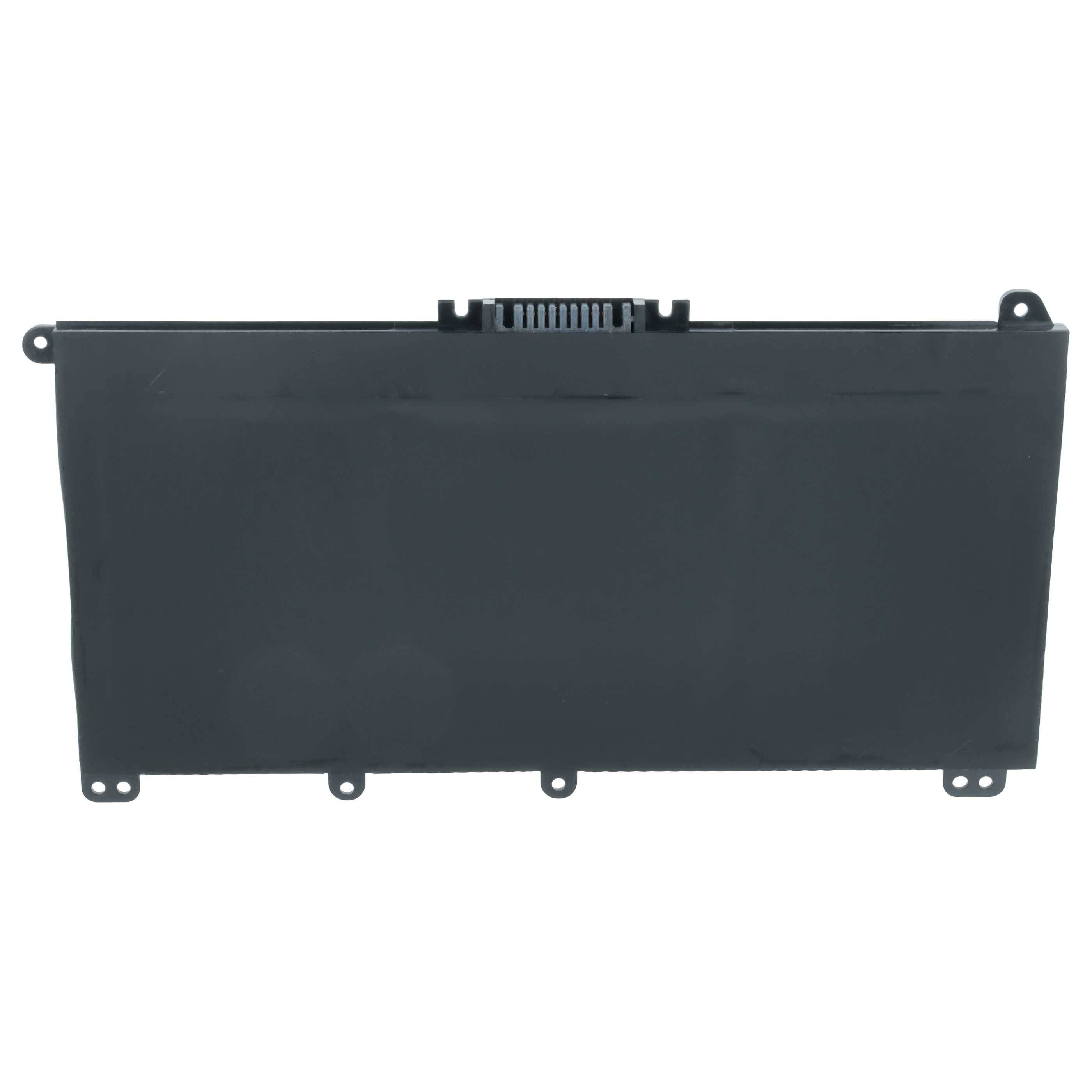 Ein rechteckiger schwarzer Laptop-Akku, von oben betrachtet, mit Anschluss-Pins in der Mitte am oberen Rand, vor einem weißen Hintergrund.