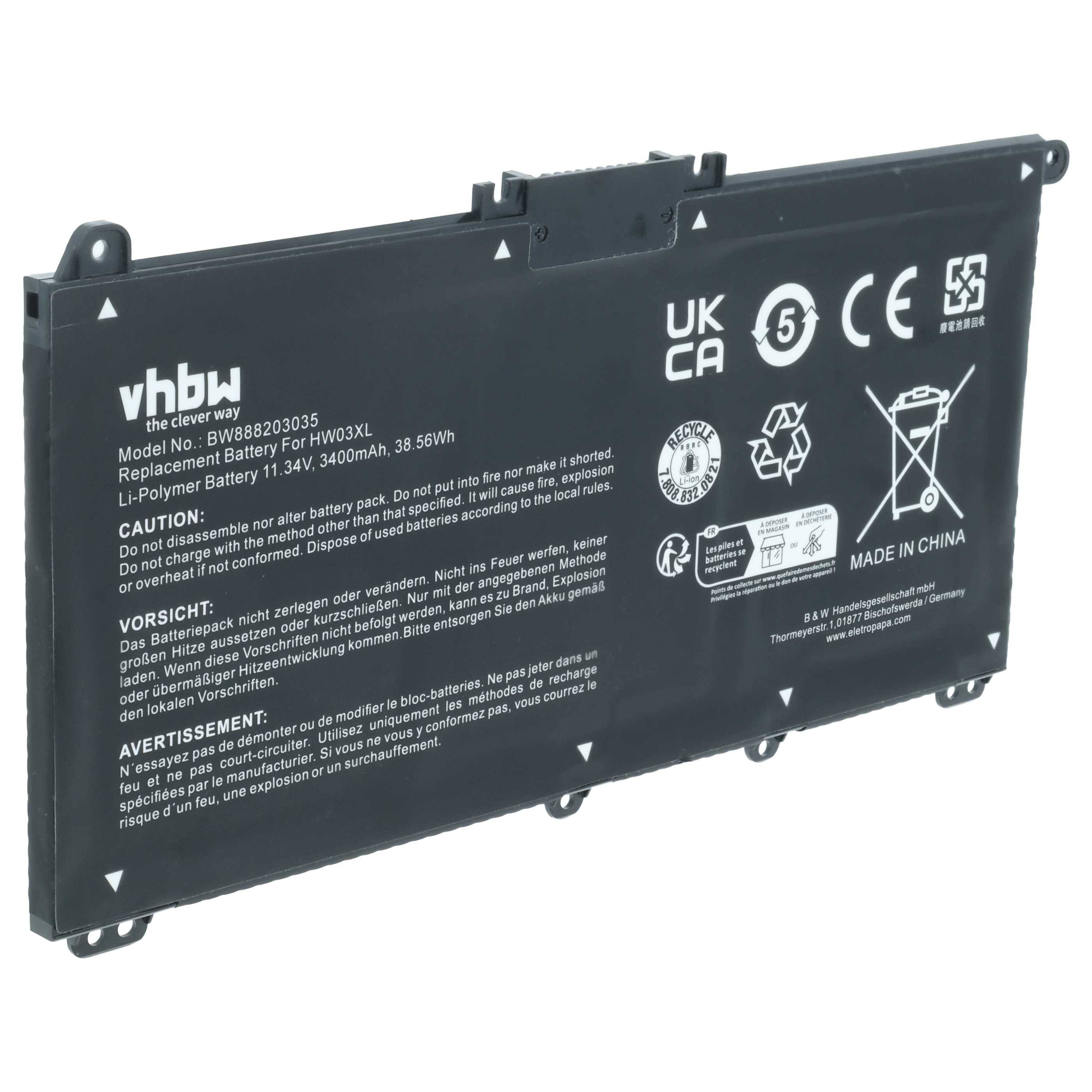 Ein Laptop-Akku mit der Bezeichnung 'vhbw' mit folgenden Spezifikationen: 11,4V, 3400mAh, 38,56Wh, Modell BB8888/Pro HW03XL, zeigt Sicherheitssymbole und 'Made in China'.
