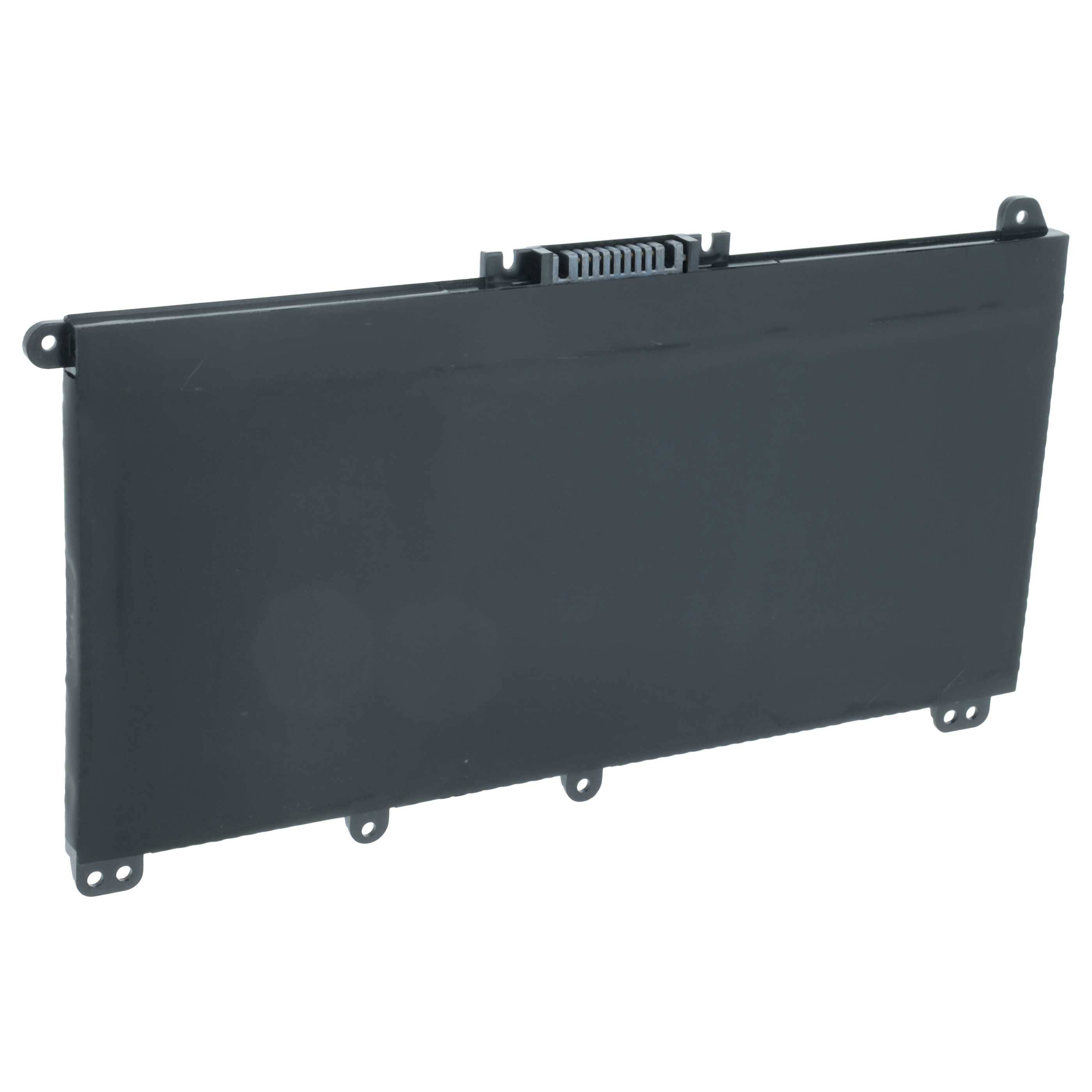 Ein schwarzer Laptop-Akkupack mit mehreren Befestigungslöchern und einem Anschluss oben, der zum Stromversorgen bestimmter Laptop-Modelle verwendet wird.