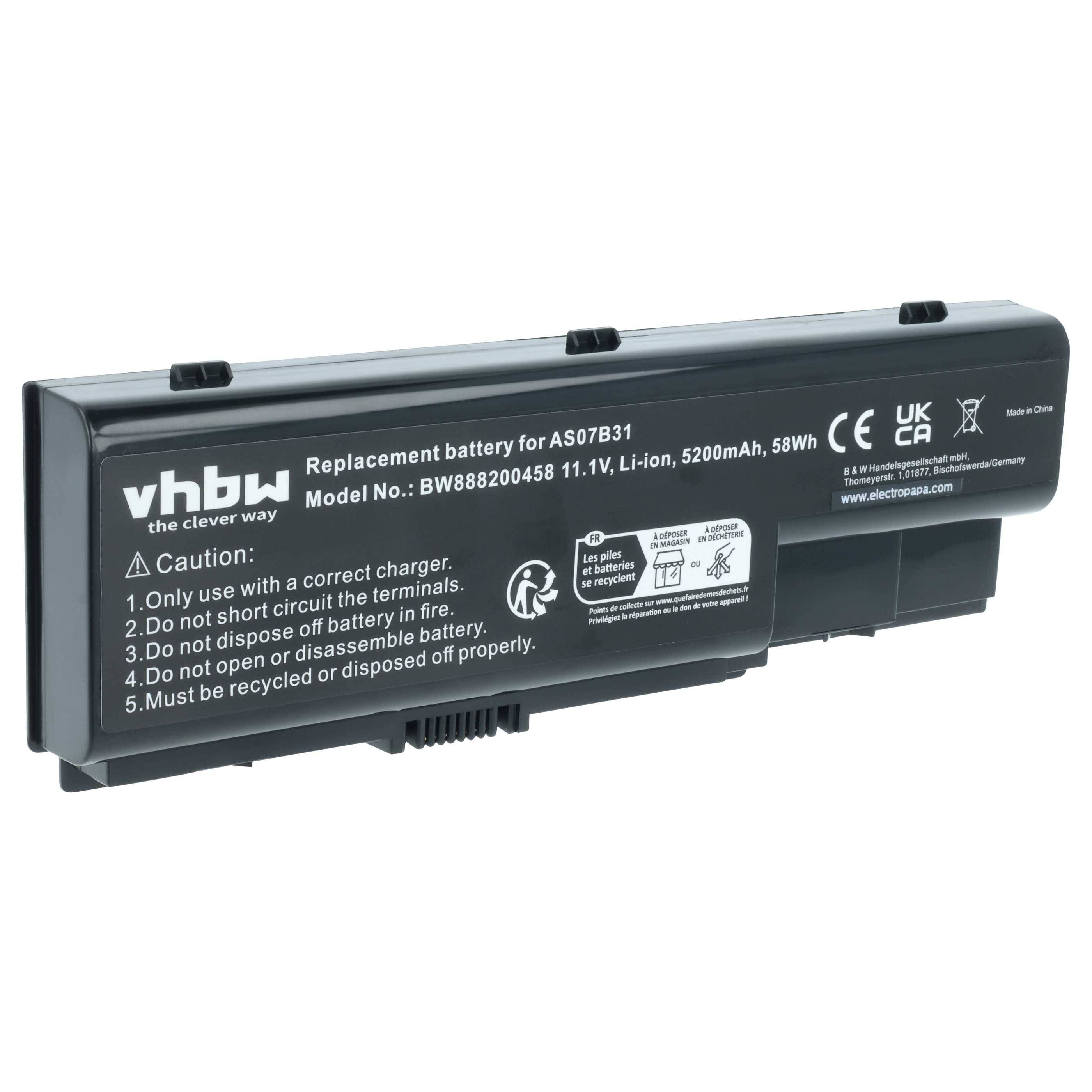 Ein schwarzer rechteckiger Ersatzakku mit der Bezeichnung 'vhbw' für das Modell AS07B31. Zeigt Sicherheitshinweise und Spezifikationen: 11,1V, 5200mAh, 58Wh.