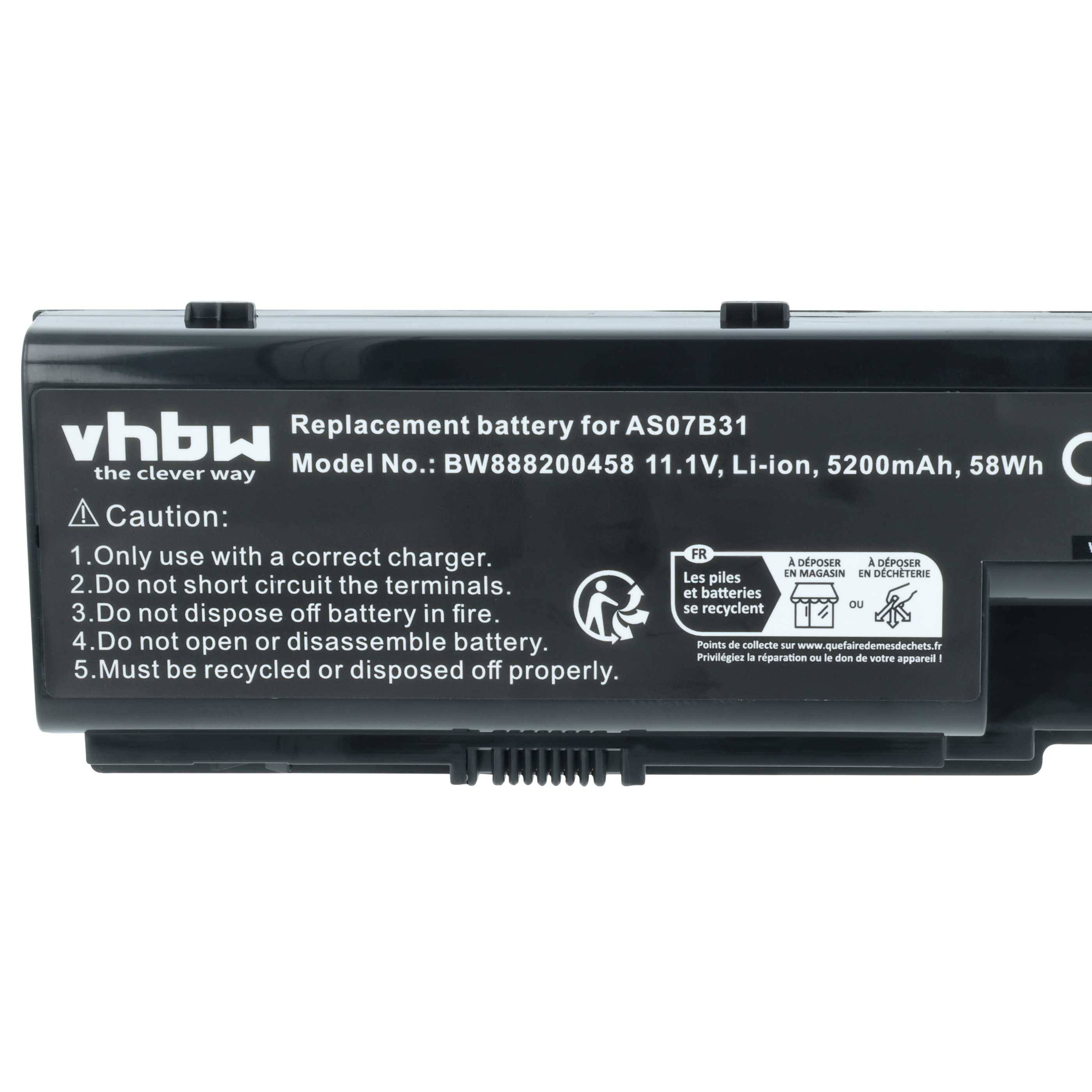 Eine schwarze Ersatzbatterie für AS07B31 mit Sicherheitshinweisen: "Verwenden Sie ein korrektes Ladegerät"", ""Vermeiden Sie Kurzschlüsse"", ""Entsorgen Sie fachgerecht"".