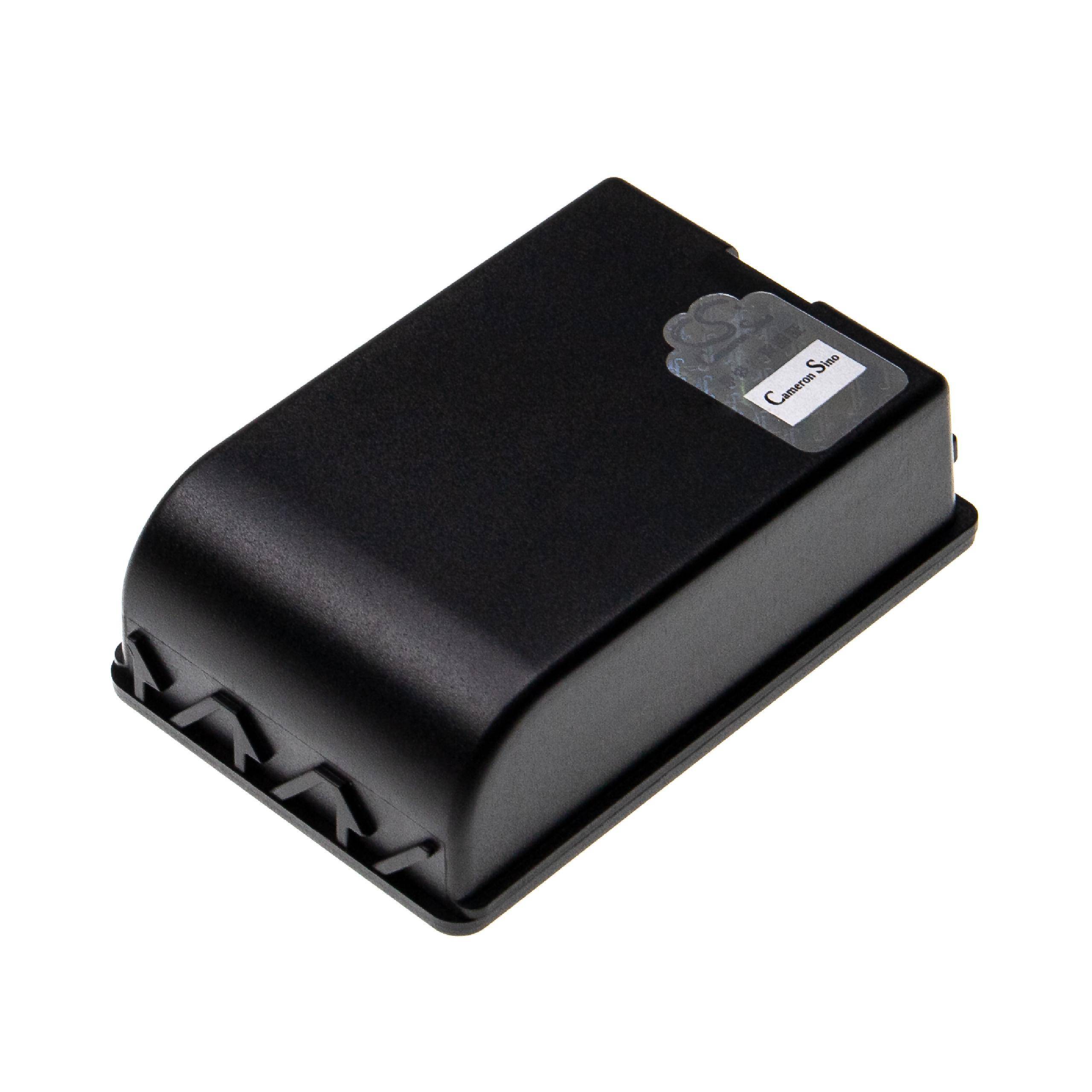 Rechteckiges schwarzes Batteriepack mit kleinem Etikett auf der Oberseite und erhabener Schrift auf der Seitenfläche.