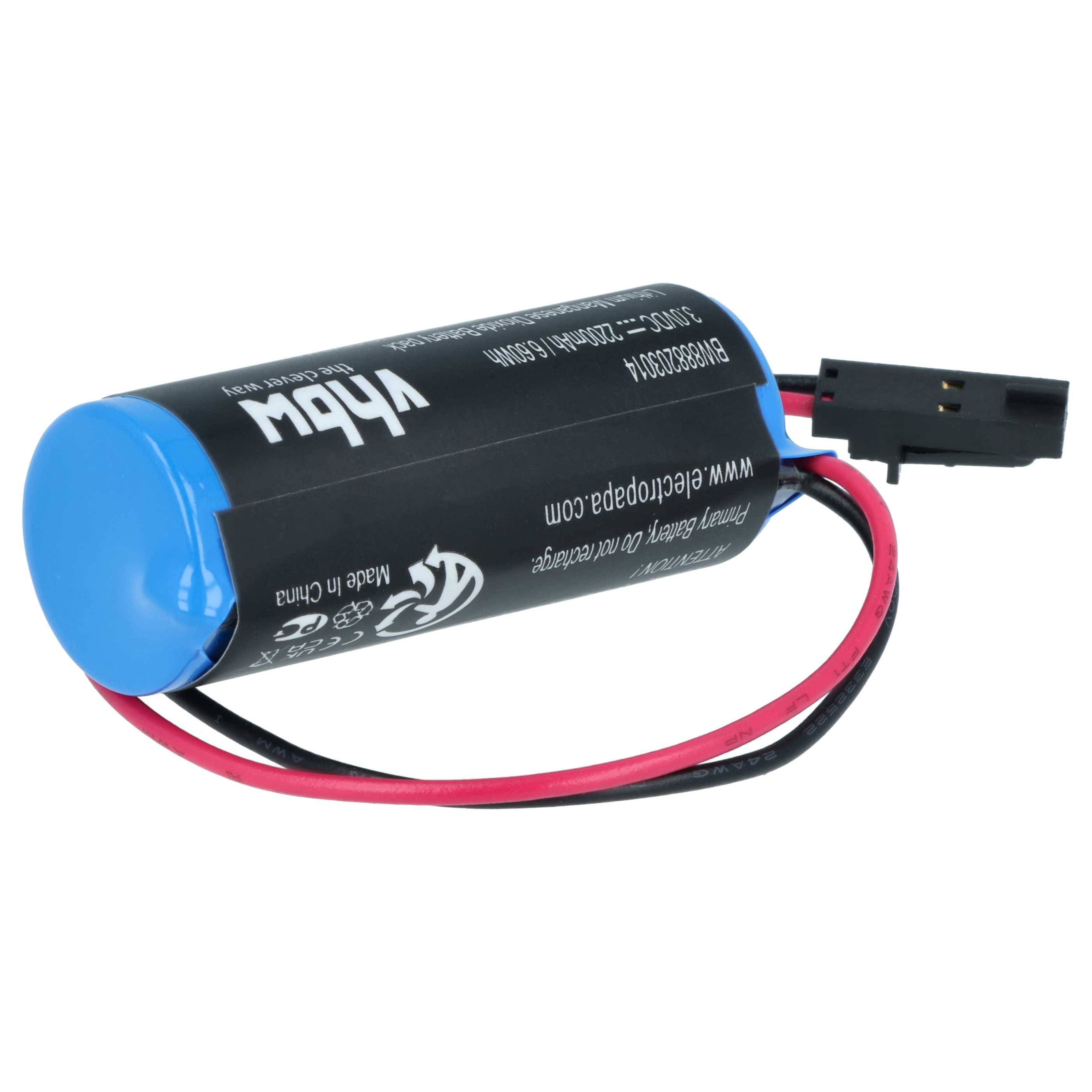 Eine blau und schwarz gestreifte zylindrische Batterie mit angeschlossenen roten und schwarzen Drähten, gekennzeichnet mit „www.alliedelec.com