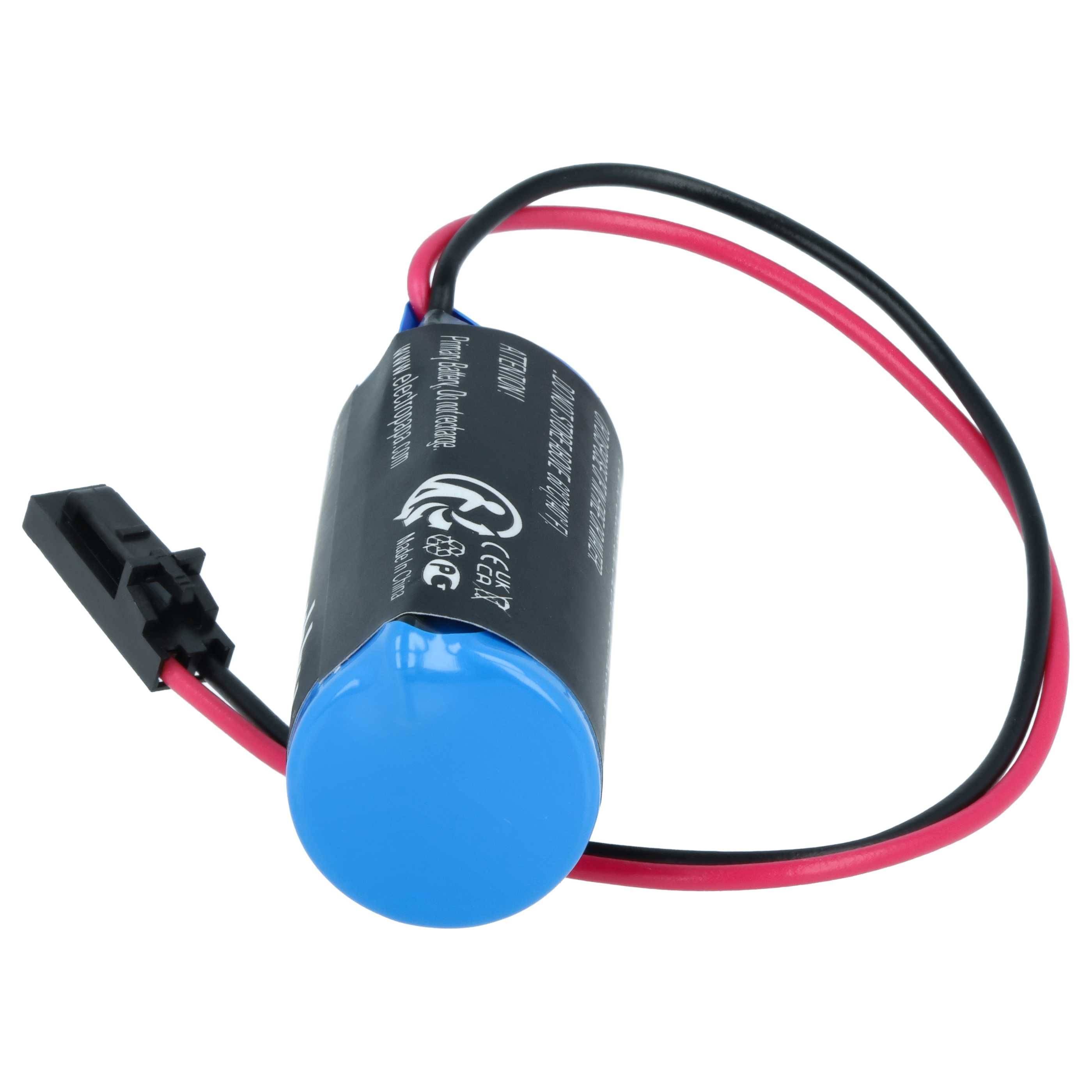 Ein blauer, zylinderförmiger Lithium-Akku mit angebrachten roten und schwarzen Drähten, der in elektronischen Geräten verwendet wird.