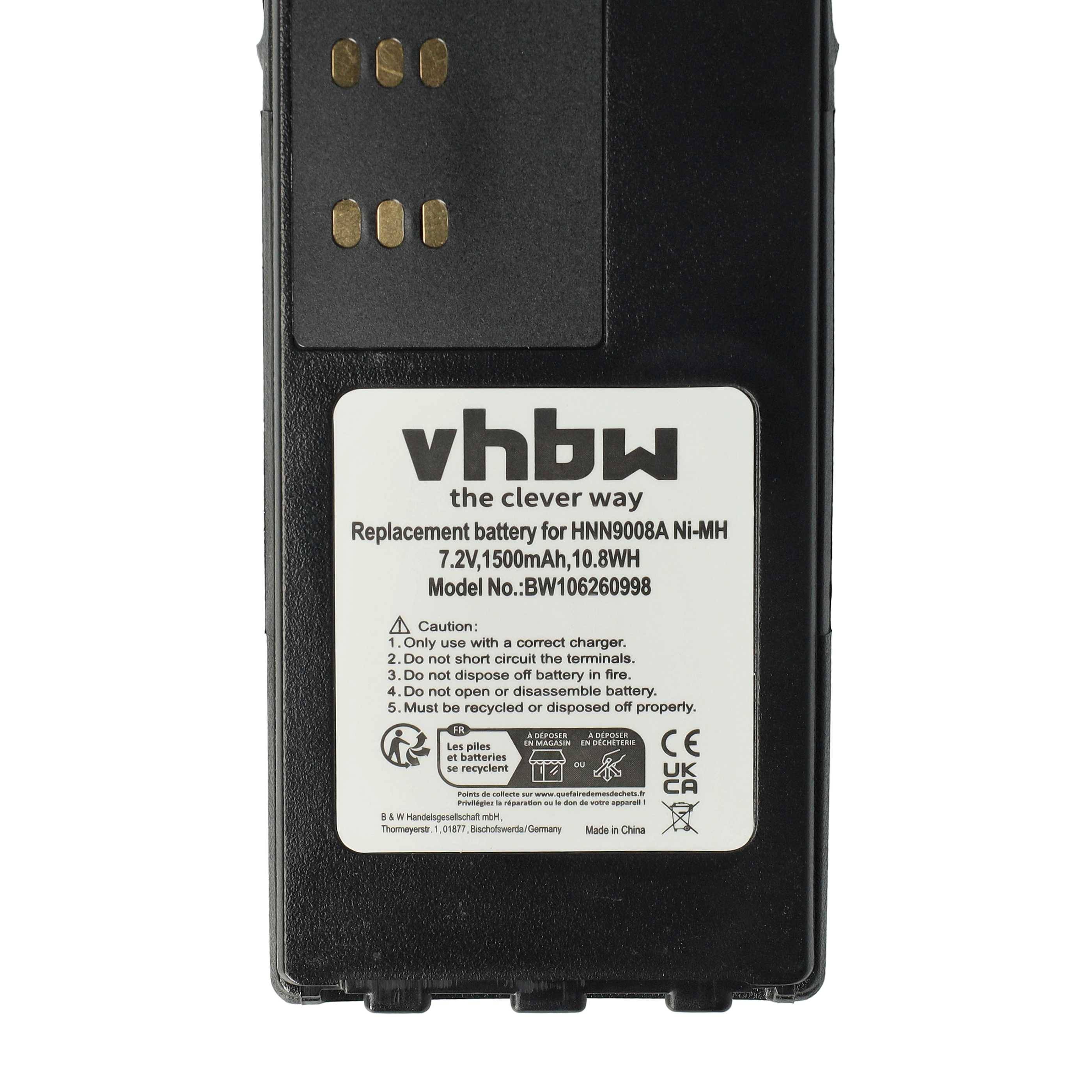 vhbw Akku Ersatz für Motorola HNN9013A, HNN9013B, HNN9013DR für Funkgerät, Walkie Talkie (1500mAh, 7,2V, NiMH) + Gürtelclip