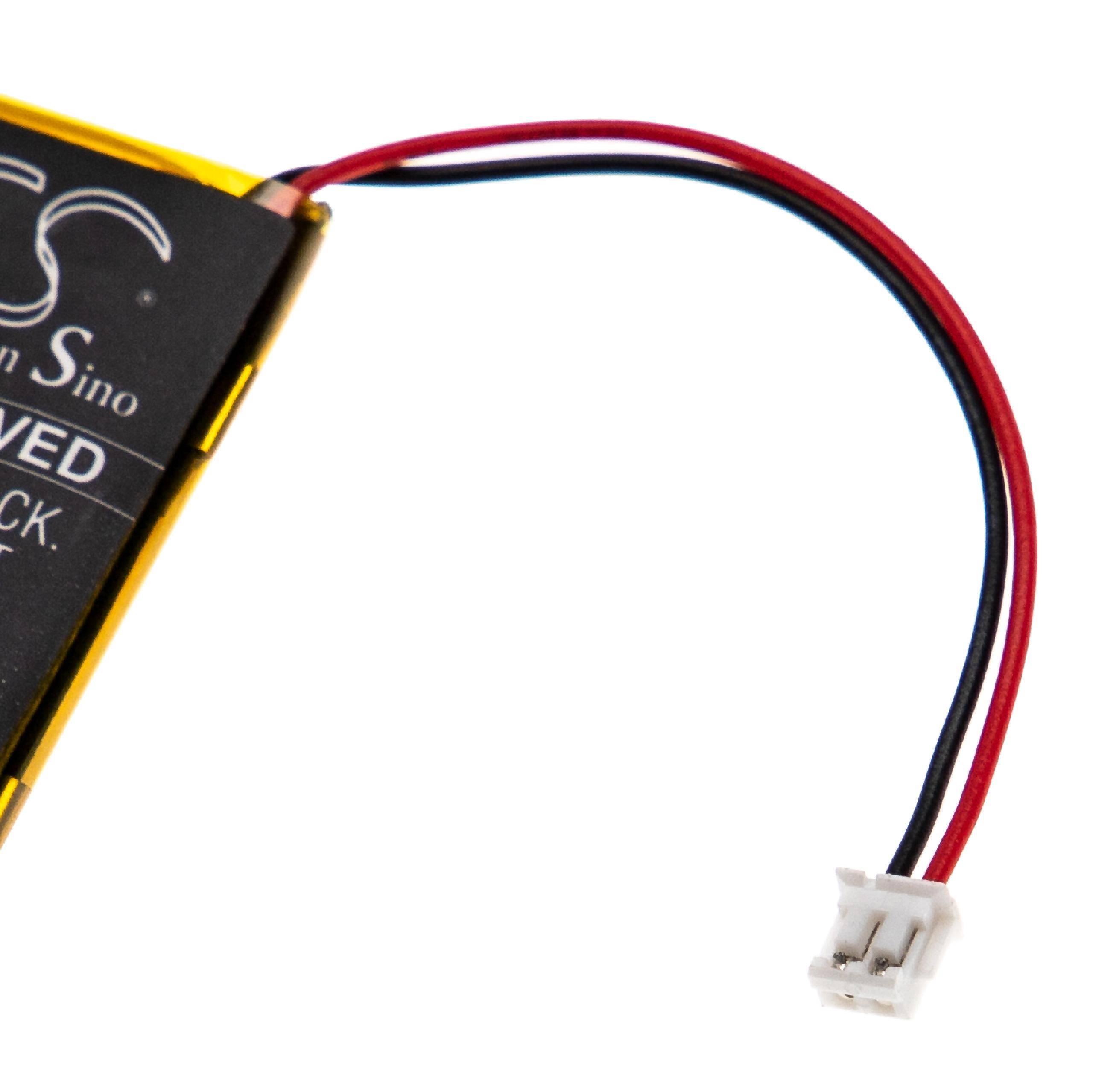 Eine kleine rechteckige Batterie mit roten, schwarzen und blauen Drähten, die in einem kleinen weißen Stecker enden.