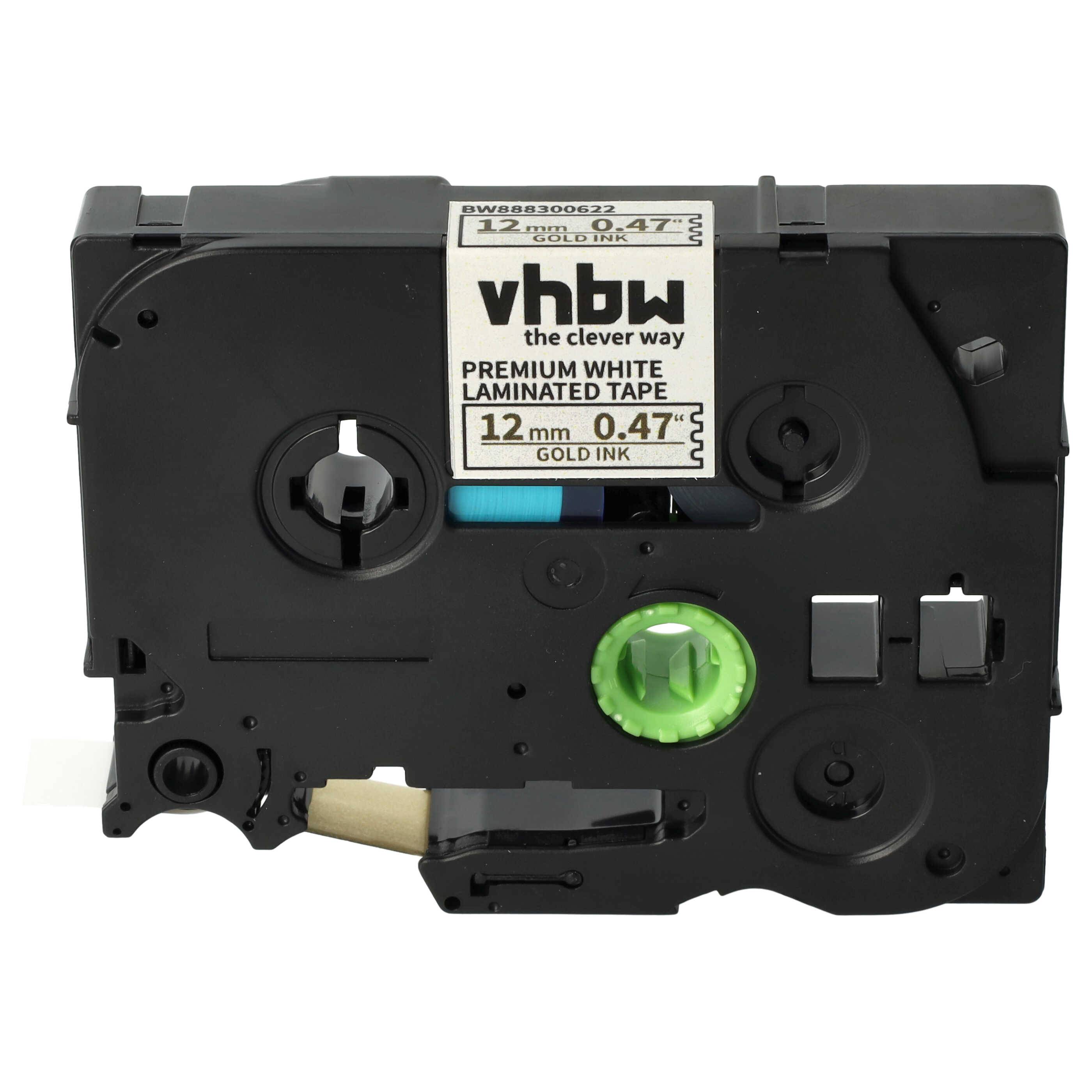 vhbw Schriftband-Kassette kompatibel mit Brother PT PT-2000, PT-2030, PT-1960, PT-200 Etiketten-Drucker 5m x 12mm Gold auf Premiumweiß, Laminiert