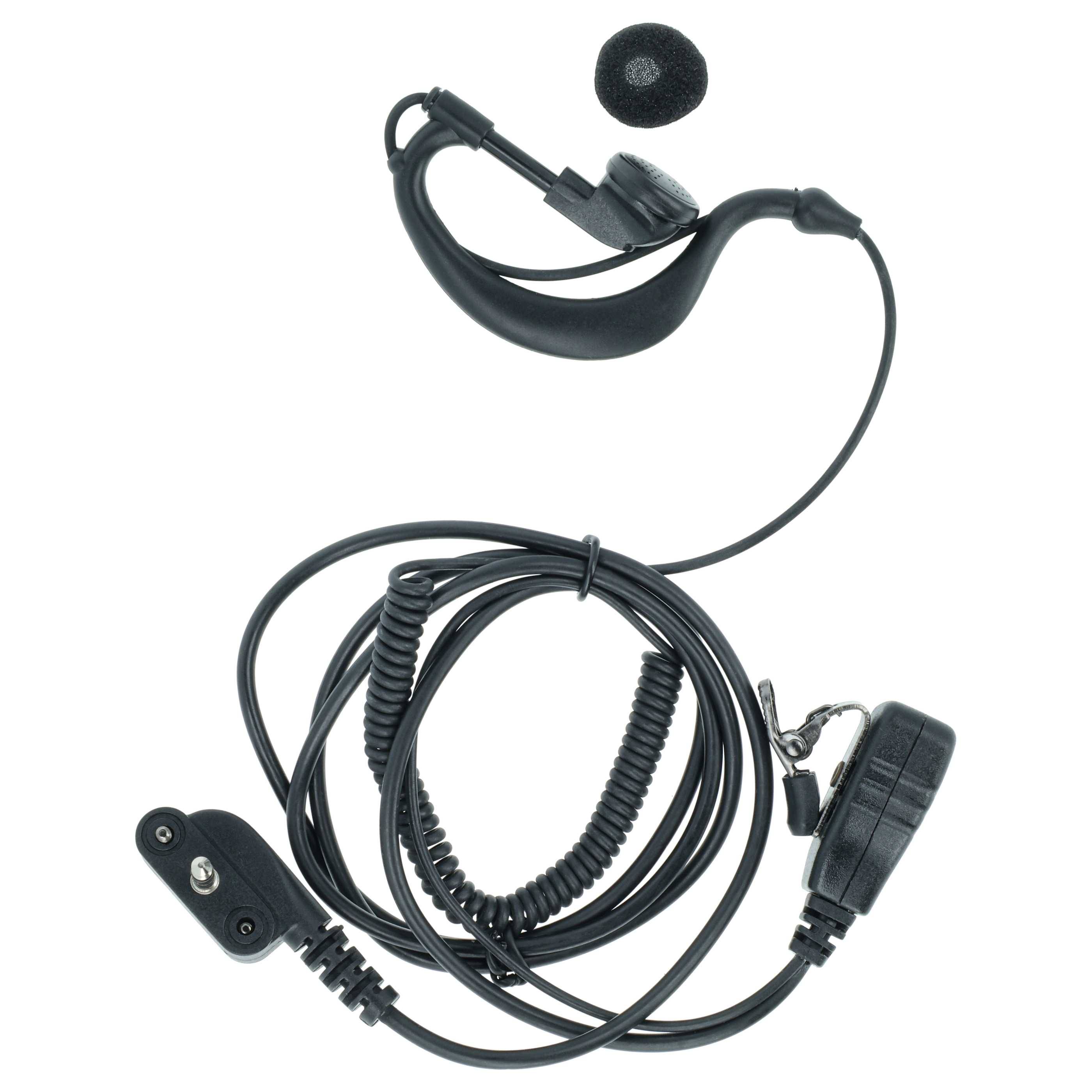 Ein Kopfhörer mit gewickeltem Kabel und Clip, entwickelt für freihändige Kommunikation mit sicherem Sitz am Ohr.