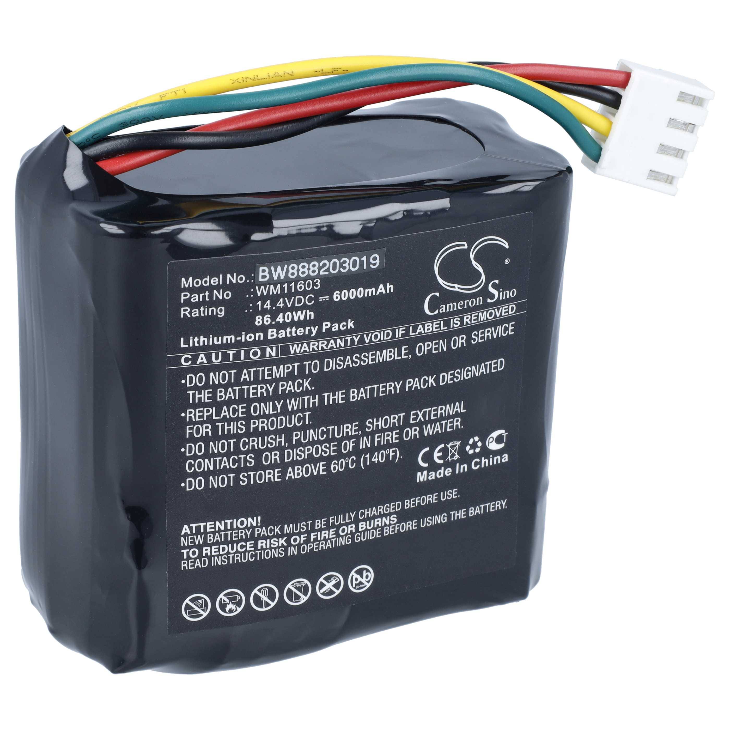 Schwarzes Lithium-Ionen-Akkupack mit farbigen Drähten und weißem Stecker, gekennzeichnet mit 14,4V 6000mAh, Cameron Sino
