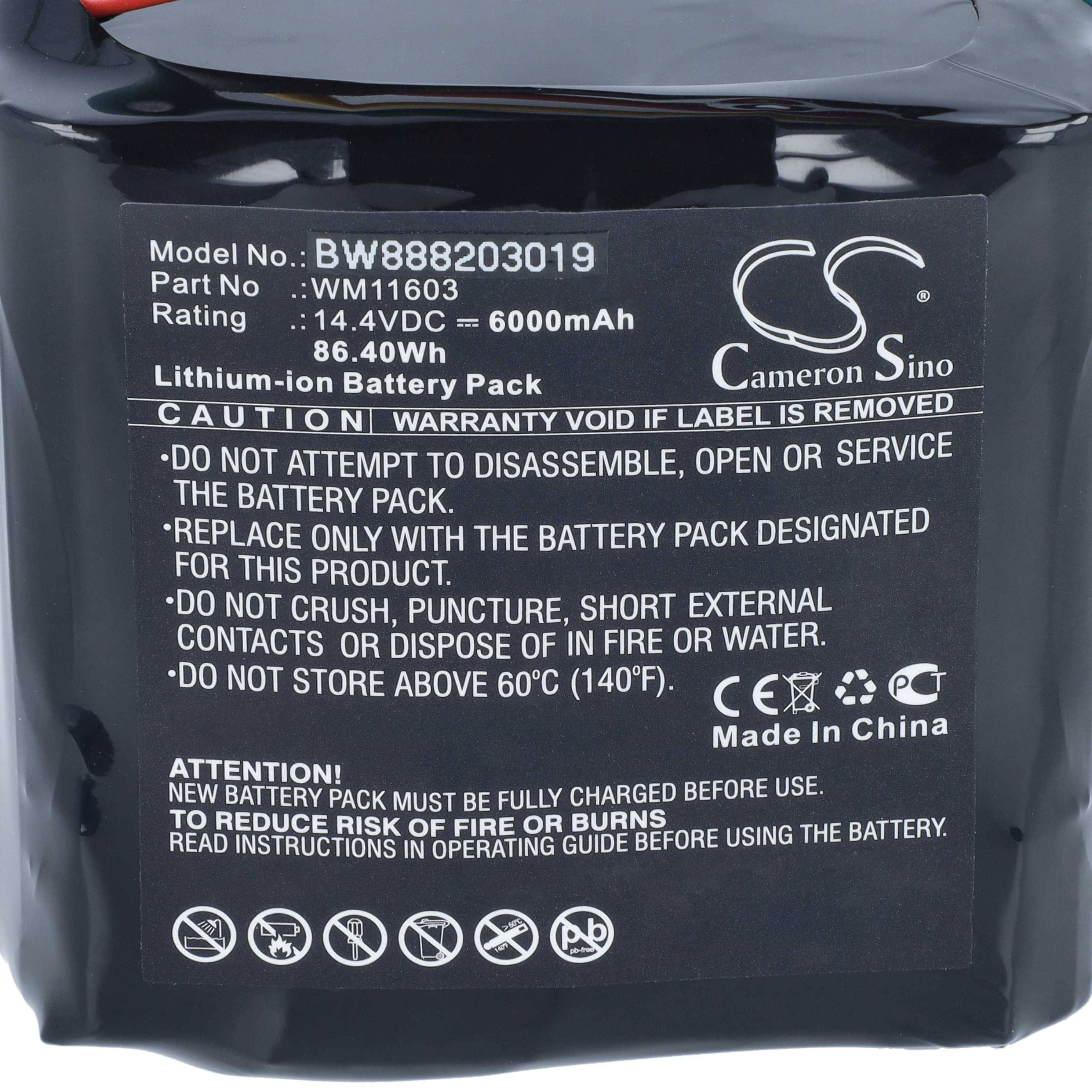 # Aufkleber auf einem Cameron Sino Lithium-Ionen-Akkulpack mit Modell BW88203019, 14,4V DC 6000mAh, 86,40Wh, mit Sicherheitswarnungen und „Made in China".