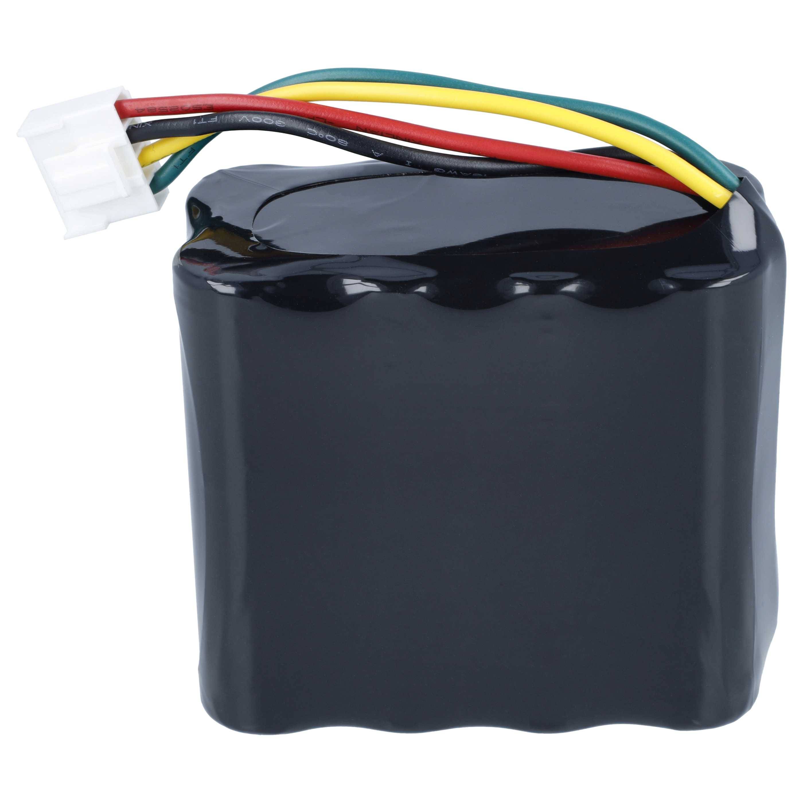 Schwarzes eingewickeltes Batteriepaket mit vier farbigen Drähten und einem weißen Steckerverbinder auf weißem Hintergrund