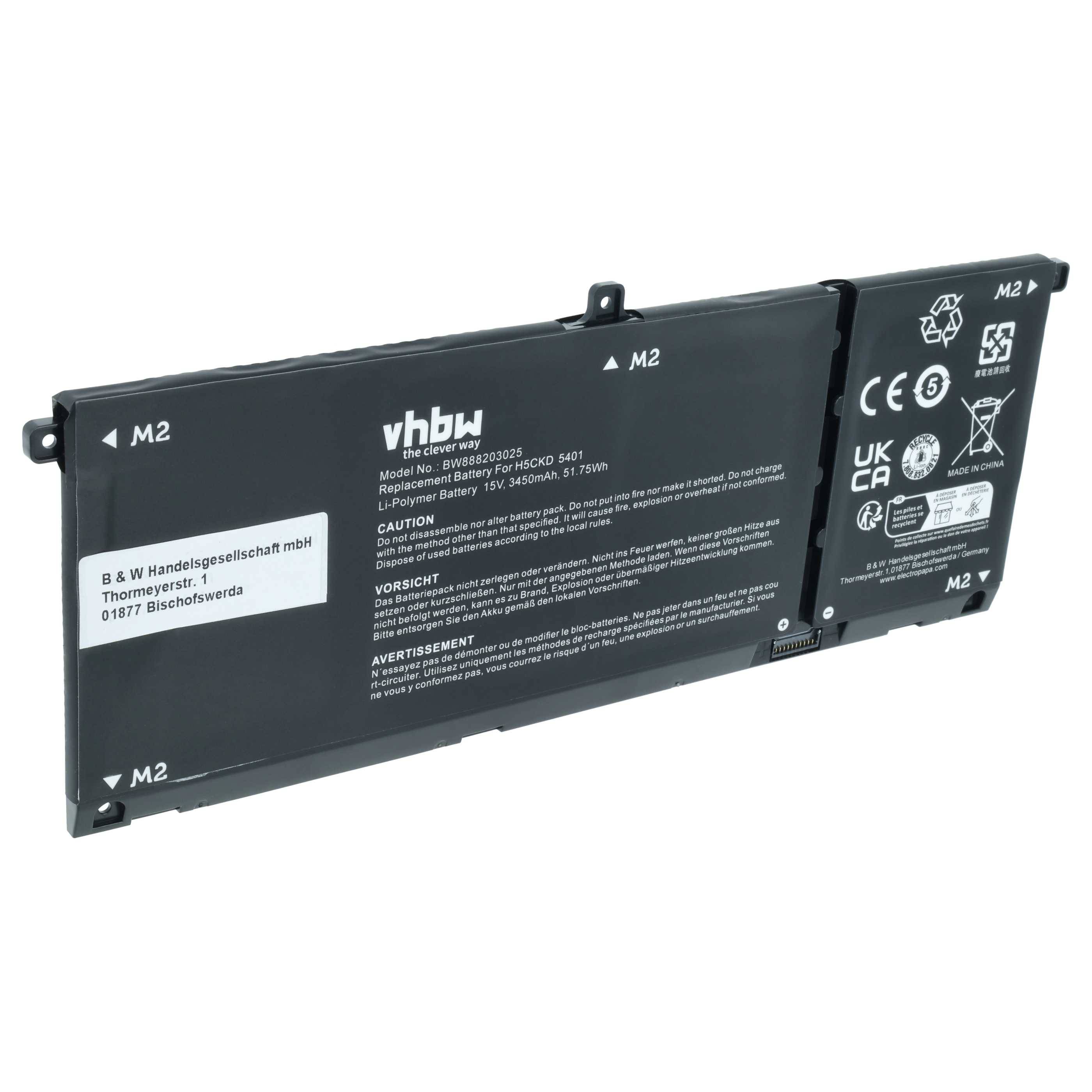 Schwarze vhbw Lithium-Polymer-Laptop-Batterie auf weißem Hintergrund dargestellt, mit sichtbaren Modell- und Sicherheitsetiketten.