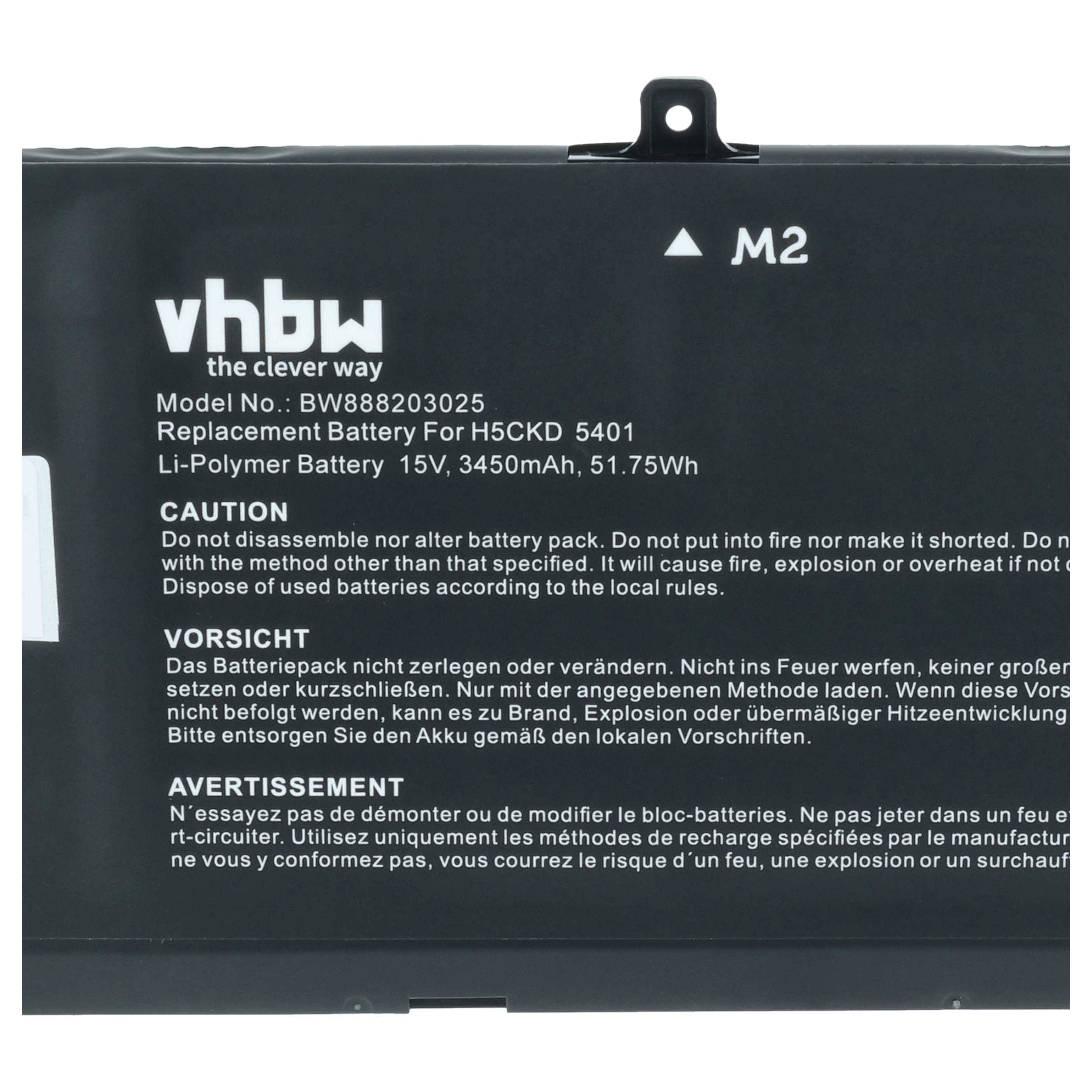 Schwarzer Ersatz-Laptop-Akku mit vhbw-Etikett, Modell BW888203025, für H5CKD 5401, 15V 3450mAh 51,75Wh.