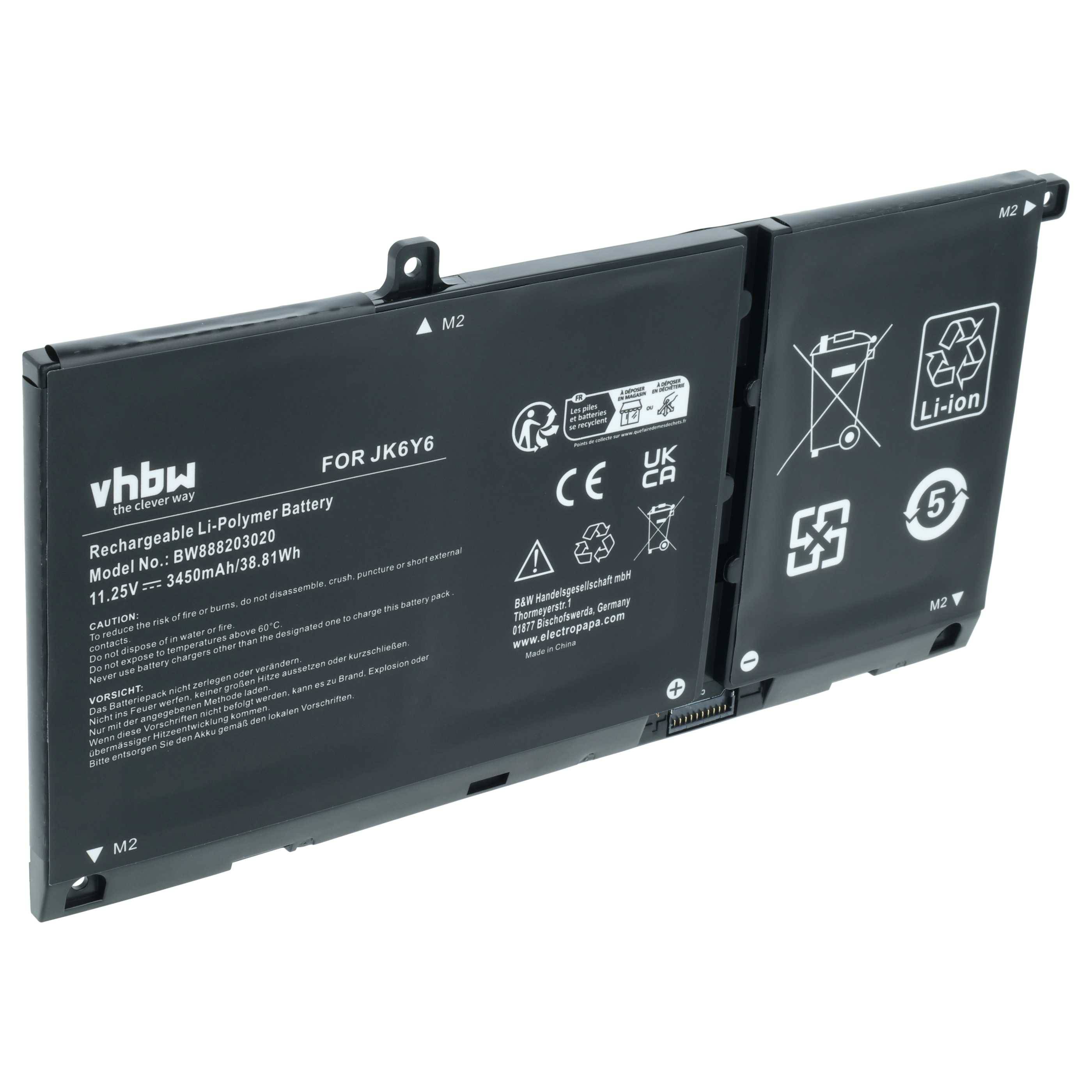 vhbw Akku kompatibel mit Dell New Inspiron 15 5000 Notebook (3450 mAh, 11,25 V, Li-Polymer)