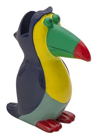 Bunte Tukan-Figur mit grünem Schnabel, gelbem Brustgefieder, dunkelblauem Körper und roten Füßen auf weißem Hintergrund.