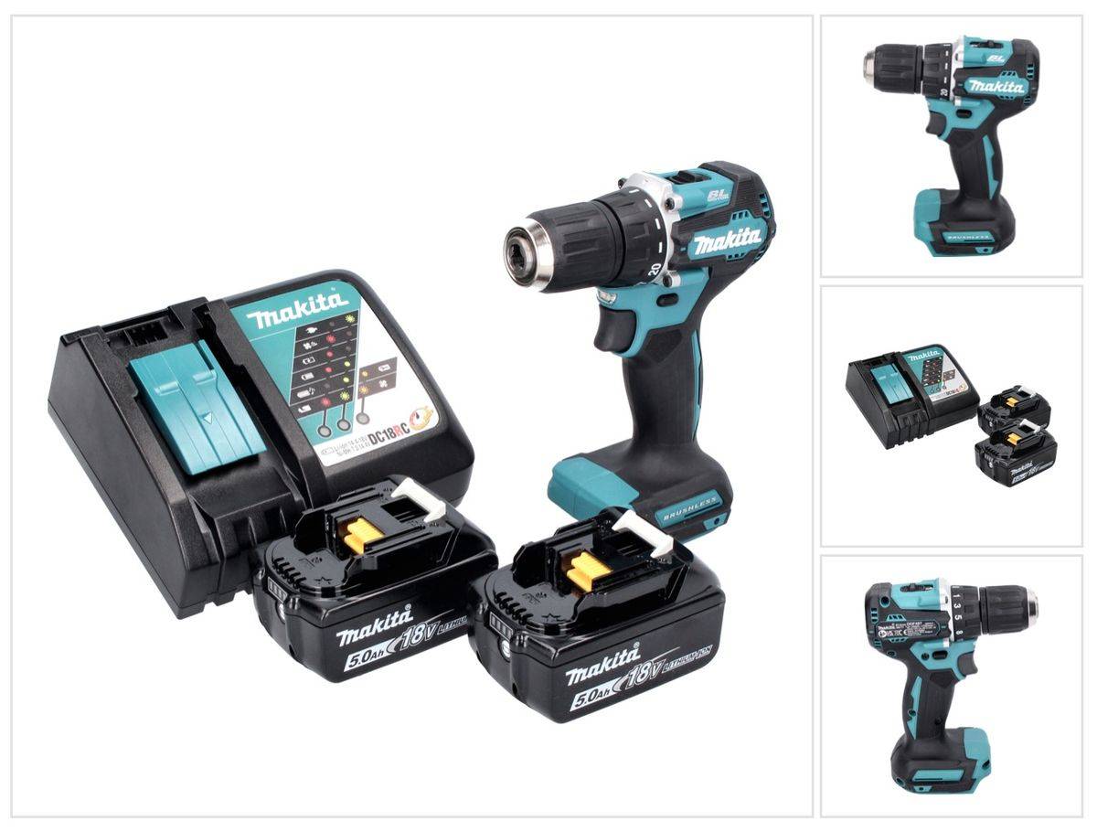 Makita DDF 487 RT Akku Bohrschrauber 18 V 40 Nm Brushless + 2x Akku 5,0 Ah + Ladegerät